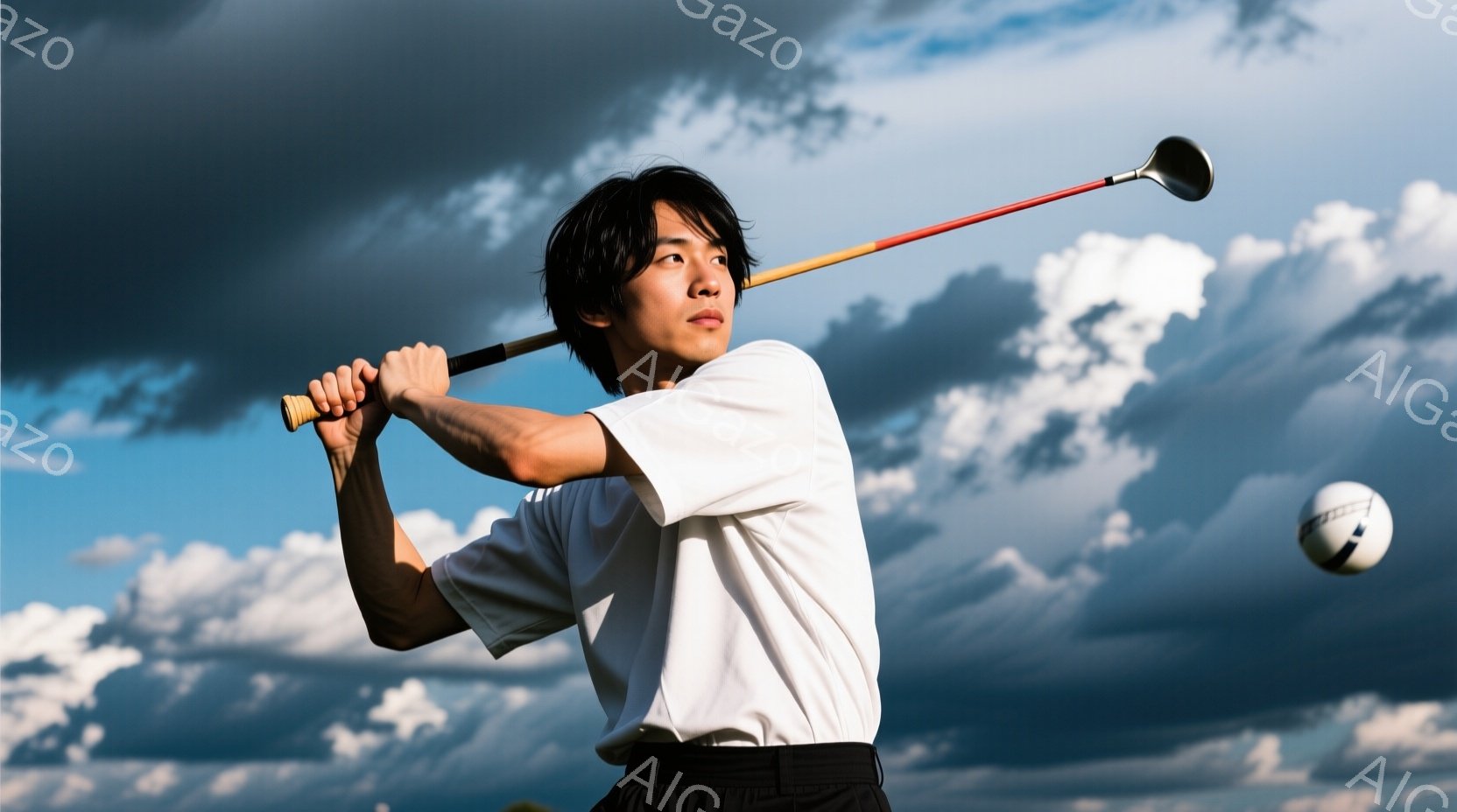 ゴルフスイングをする男性が写っています。白のポロシャツと黒のズボンを着用し、力強くクラブを振り抜いています。背景には青空と白い雲が広がり、ゴルフ場の一角で競技に集中する様子が伝わってきます。 - AI生成フリー素材