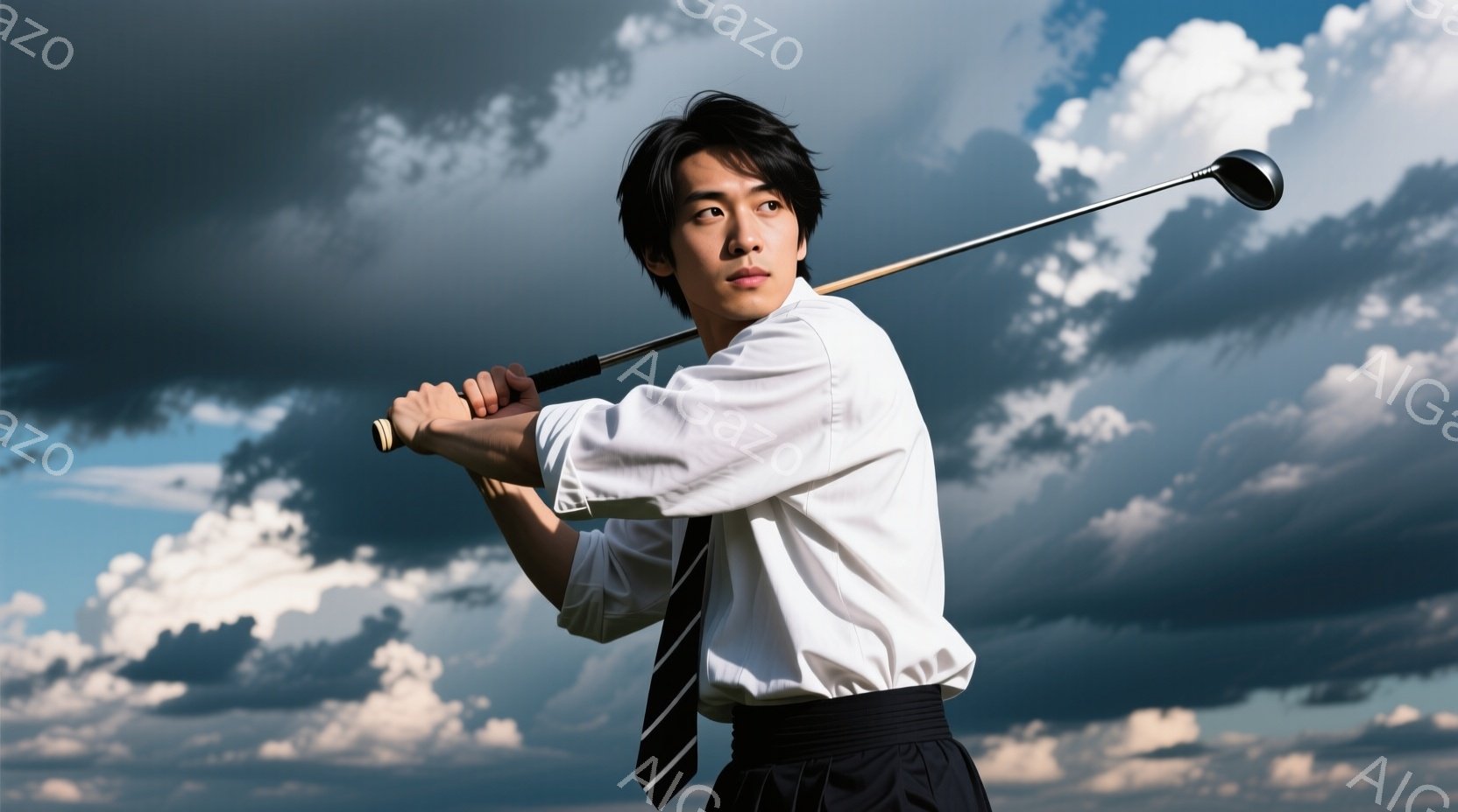 若い男性がゴルフのスイングをしている写真です。白のシャツに黒いネクタイとズボンを着用し、真剣な表情でクラブを振っています。背景は空に浮かぶ雲が広がるゴルフ場であり、晴天ながらも少し曇り空が広がっており - AI生成フリー素材