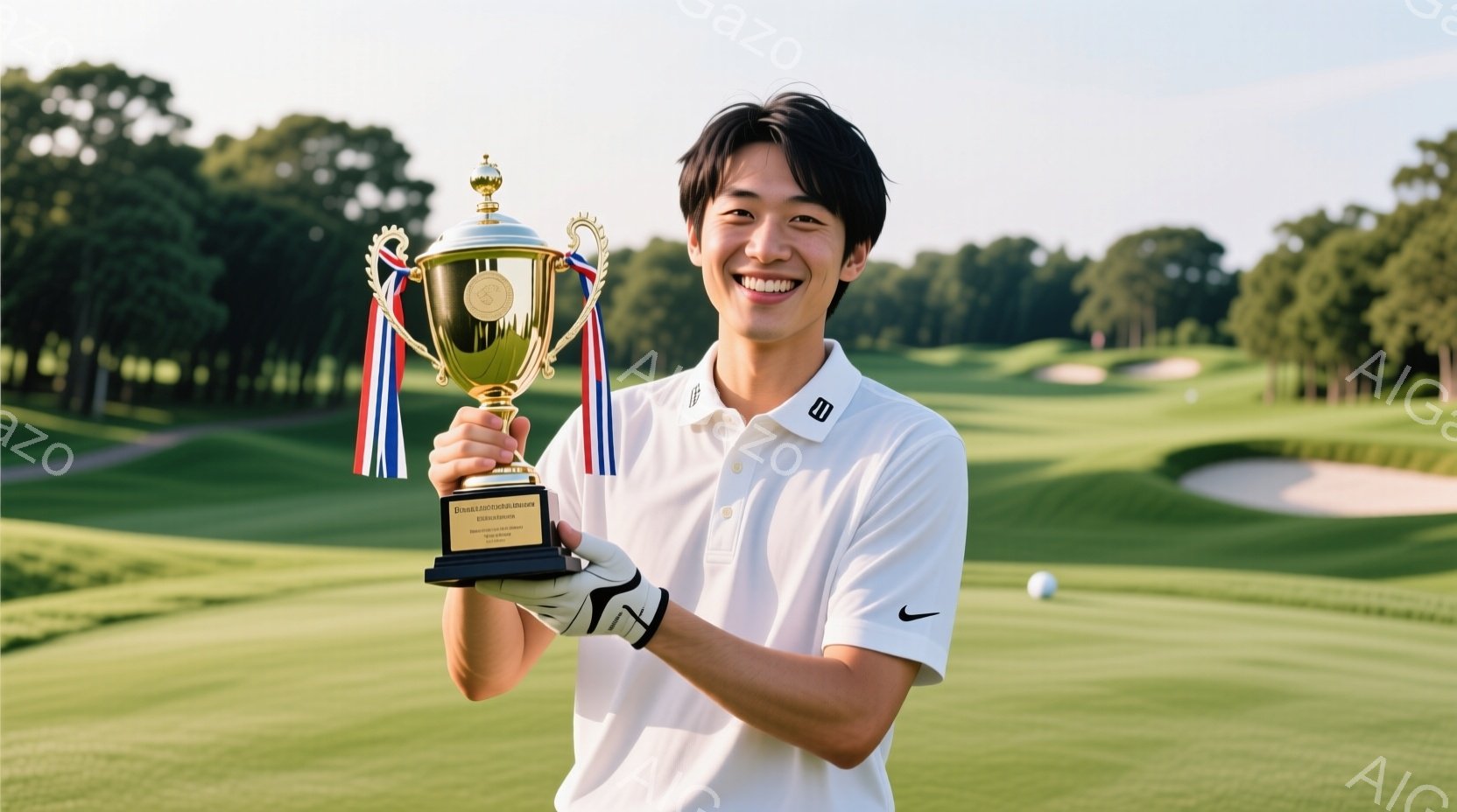若い男性がゴルフのトロフィーを誇らしげに抱えています。彼は白いポロシャツにゴルフグローブを着用し、短髪で笑顔を見せています。背景には緑豊かなゴルフコースが広がり、晴天の下、勝利の喜びを感じさせる一枚です。