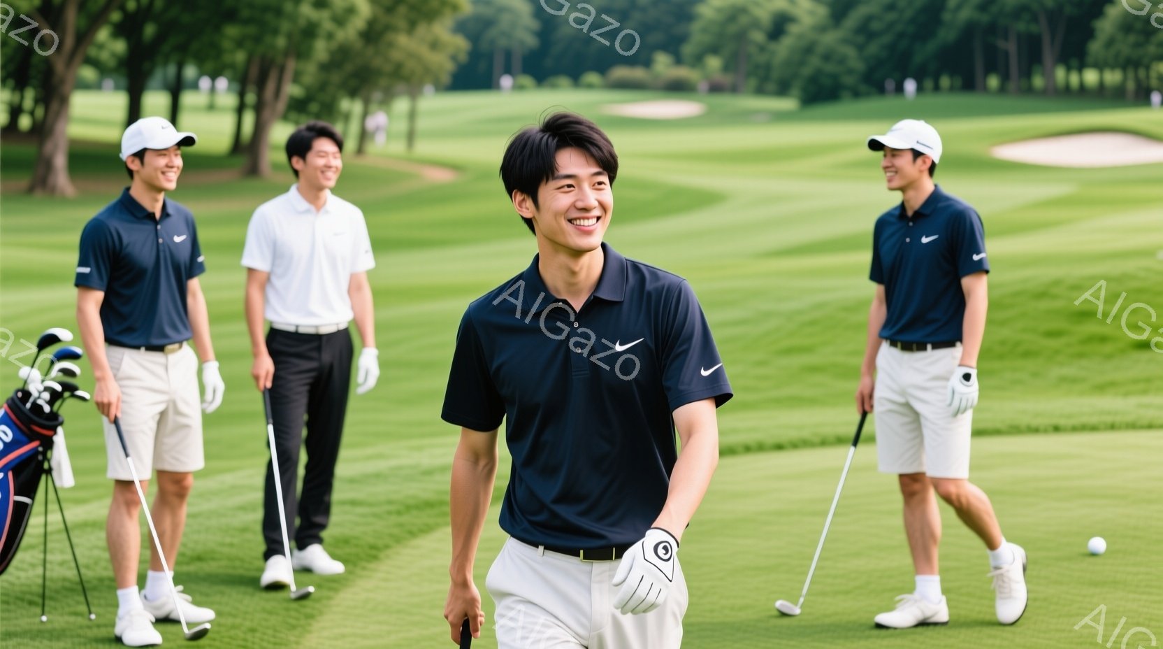 晴れた日のゴルフ場で、若い男性たちがゴルフを楽しんでいる様子が写っている。紺色のポロシャツと白のショートパンツ、白いスニーカーを着用し、一人だけ明るい笑顔でこちらを見ている。背景には緑豊かなゴルフコー - AI生成フリー素材