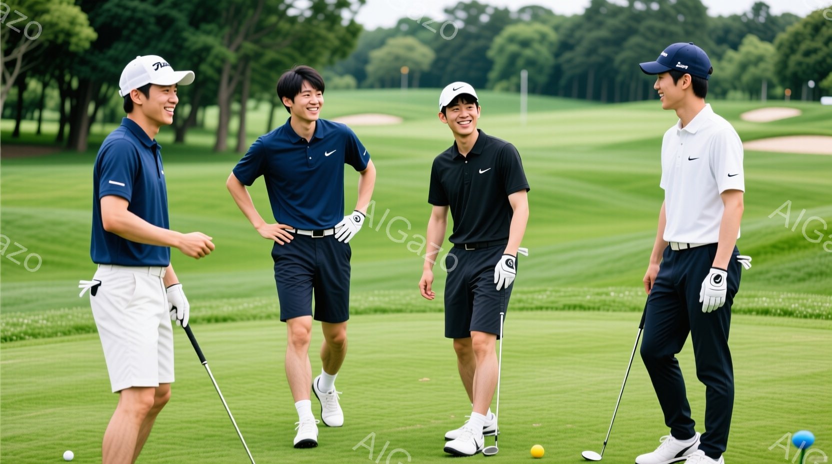 ゴルフコースの緑の芝生の上に立つ4人の若い男性が写っています。彼らは皆、ポロシャツとショートパンツを着用し、ゴルフウェアを身に着けており、明るい笑顔を浮かべています。背景には緑豊かな木々と穏やかな晴天 - AI生成フリー素材