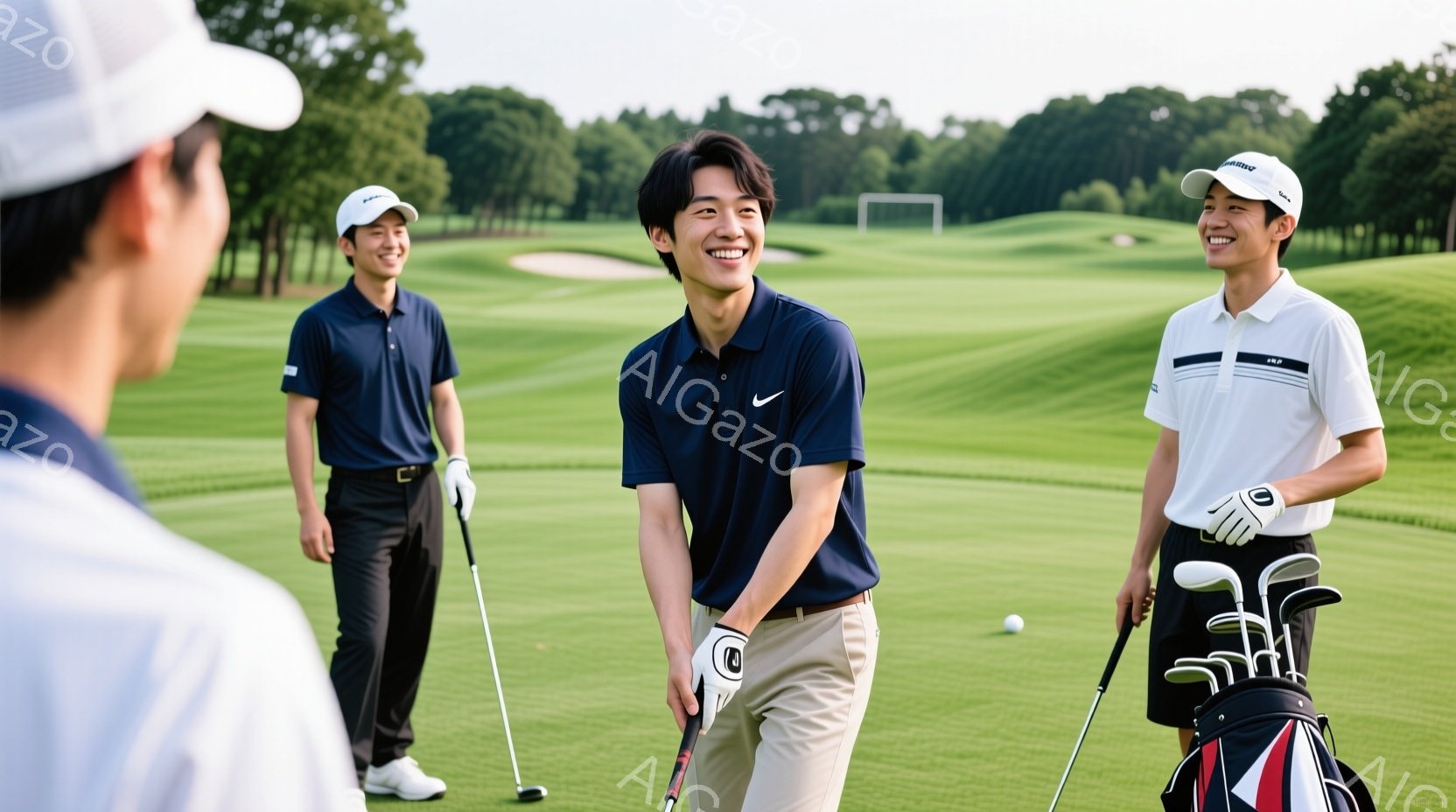 ゴルフコースでゴルフを楽しむ若い男性たちが写っている。彼らは皆、ポロシャツとチノパンを着用し、ゴルフウェアに身を包み、白い帽子をかぶっている。笑顔でゴルフを楽しんでいる様子から、晴れた日のリラックスし - AI生成フリー素材