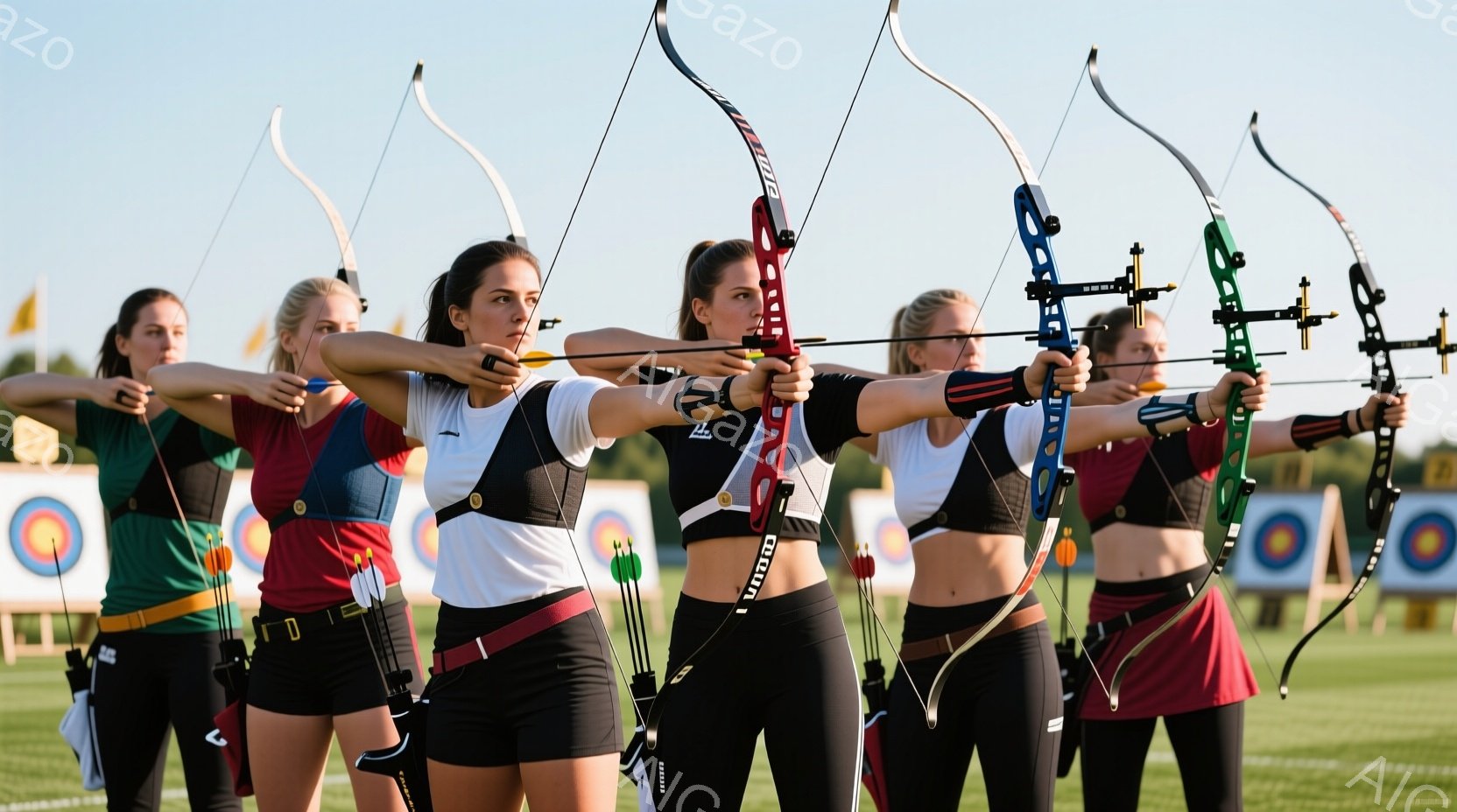 競技場でアーチェリー競技に臨む女性たちが写っている。彼女たちはそれぞれ異なる色のスポーツウェアを着用し、引き絞った弓を持ち、ターゲットに向けて集中した表情を見せている。背景には緑の芝生とターゲット、そ - AI生成フリー素材
