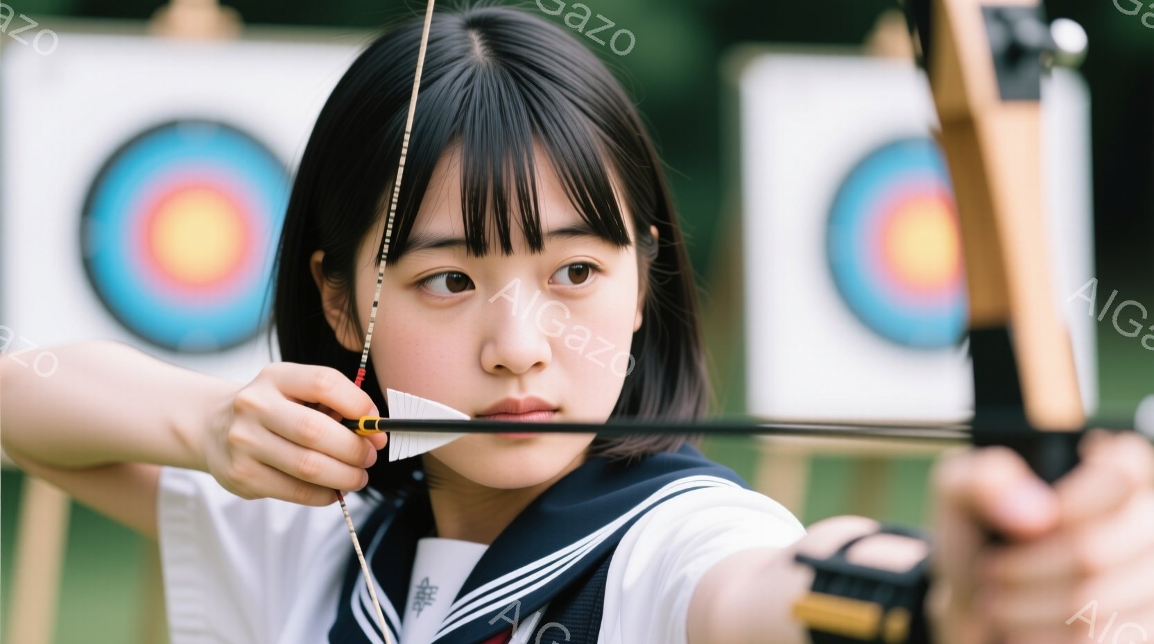 短い黒髪の少女が弓を構え、集中した表情で標的を見据えている。彼女はセーラー服を着用し、弓の引き絞る動作で右腕を伸ばしている。背景にはターゲットと緑豊かな自然が広がり、晴天の下、競技に臨む様子がうかがえ - AI生成フリー素材