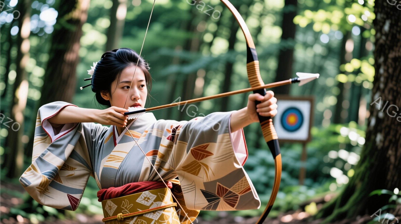 彼女はクリーム色の着物と金色の帯で、弓を構える女性です。髪は高くまとめられ、飾りを付けています。背景には緑豊かな森林があり、ターゲットがわずかに見えます。 - AI生成フリー素材