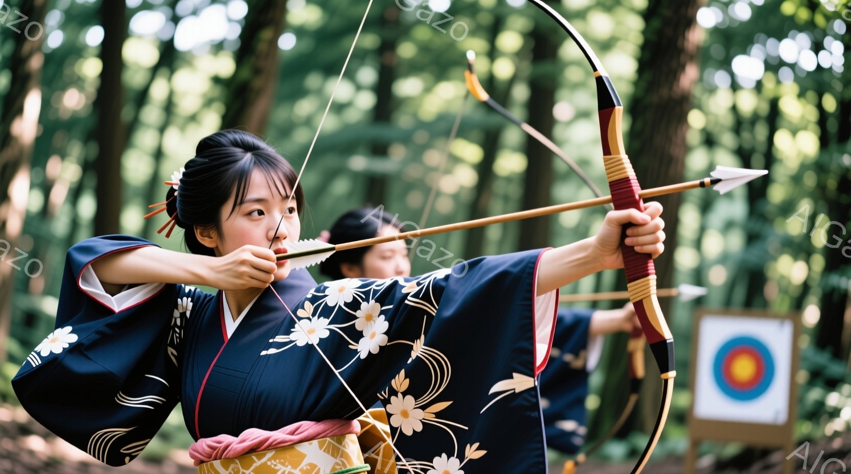 深い藍色の着物に白い花模様が描かれ、女性が弓を引いている姿が描かれている。髪は後ろでまとめられ、集中した表情で標的を見据えている。背景には緑豊かな森が広がり、射撃場の標的が設置されており、静かで集中した雰囲気が漂っている。