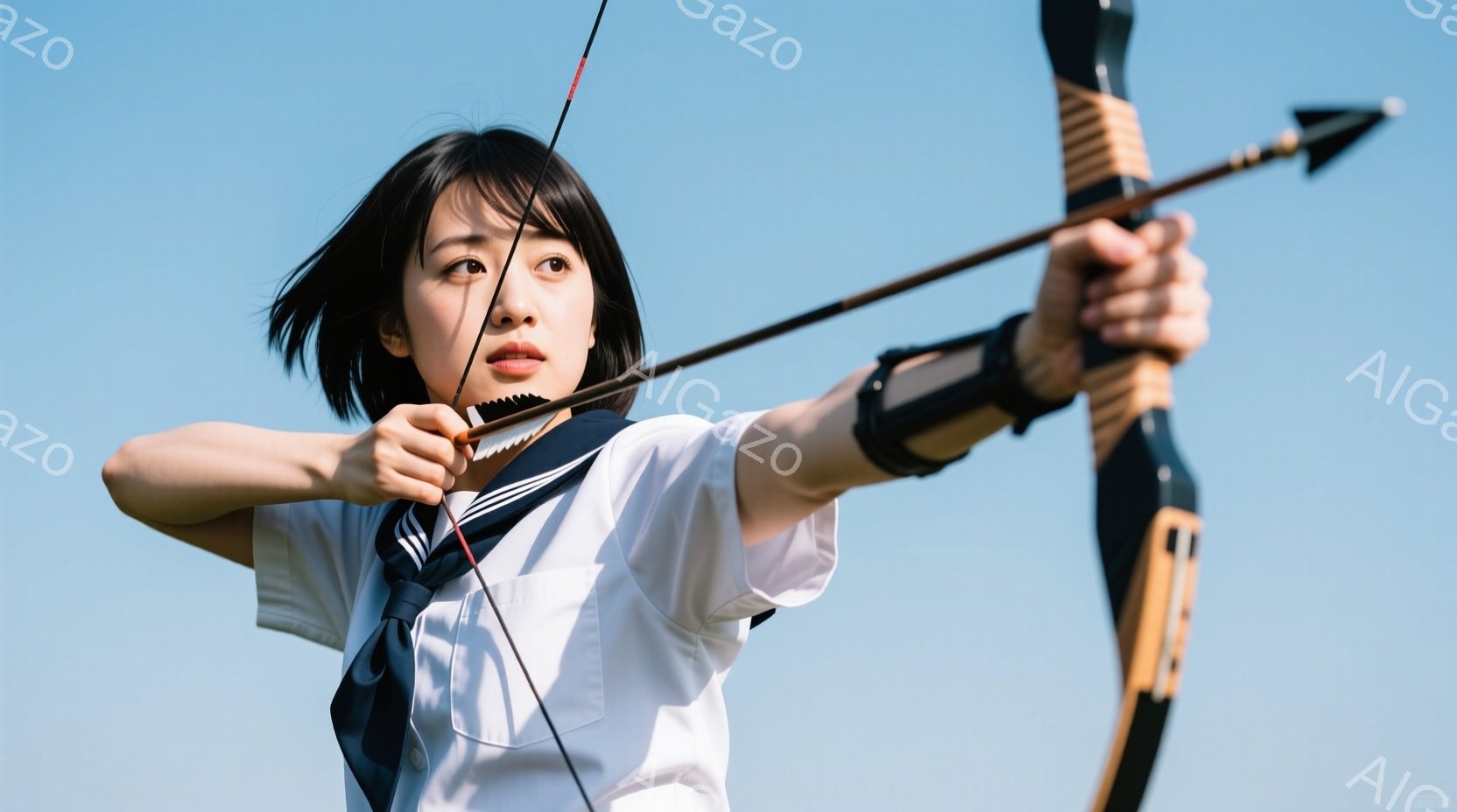 セーラー服を着た若い女性が弓を構えている様子を捉えています。彼女は真剣な表情で目標を見つめ、右手を弓に、左手を弦に添えています。背景は晴天の青空で、彼女の姿が際立っており、競技や練習の瞬間を切り取った - AI生成フリー素材