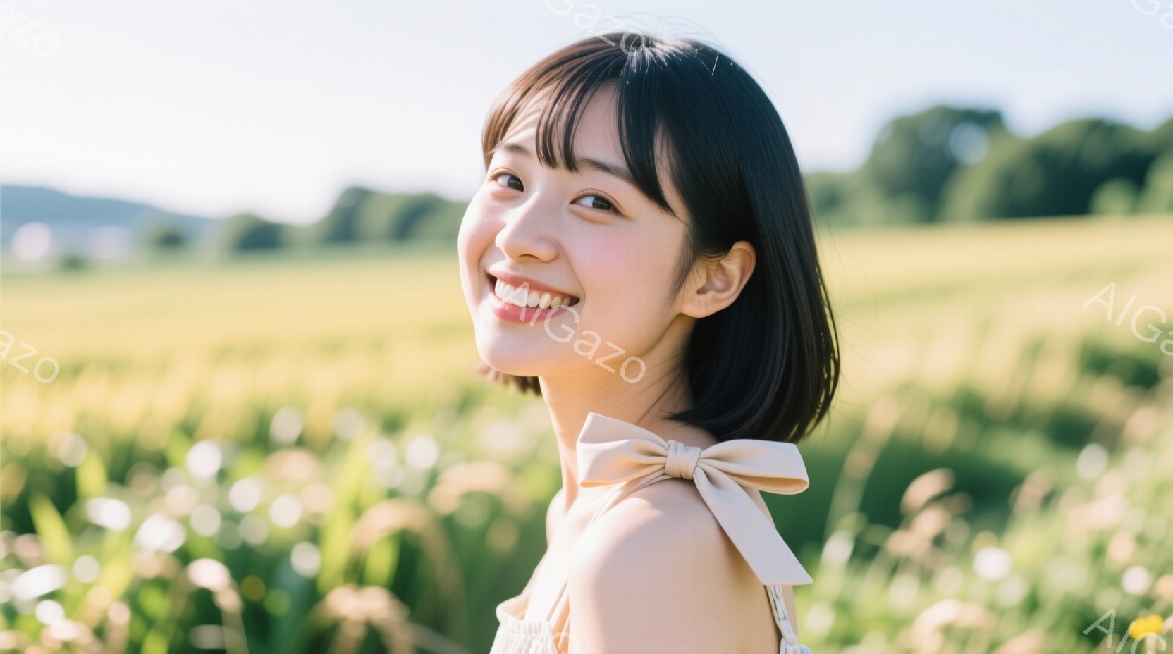 短いボブヘアに前髪を下ろした若い女性が、微笑みを浮かべてこちらを見ている。オフショルダーの白い服を着ており、背中にはリボンが付いている。背景には緑豊かな草原と、ぼやけた遠くの建物が見え、晴れた日の穏や - AI生成フリー素材