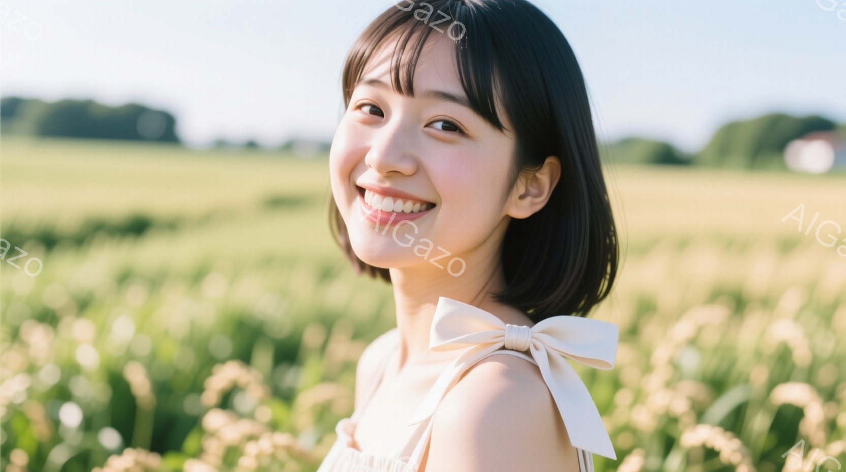 短い髪に前髪を少し残した女性が、白い肩紐のワンピースを着て微笑んでいます。背景には黄色い花が咲き乱れる草原が広がり、遠くには緑の木々と建物が見えます。全体的に明るく、穏やかで、春らしい雰囲気です。 - AI生成フリー素材