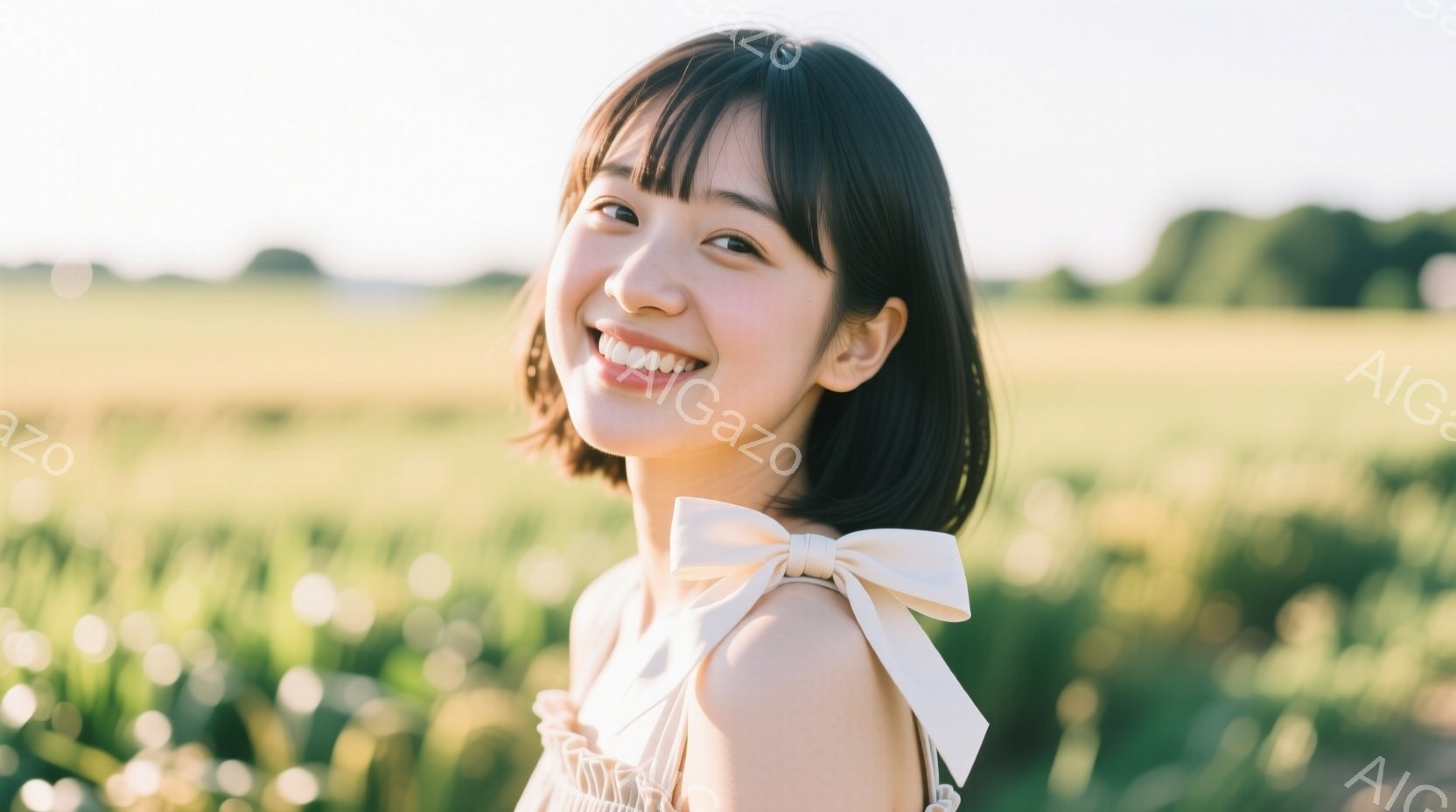 明るい笑顔を浮かべた若い女性が写っている。肩出しの白いワンピースに、背中には大きなリボンが付いている。背景は緑豊かな田園風景で、暖かい日差しが差し込み、全体的に明るく穏やかな雰囲気が漂っている。 - AI生成フリー素材