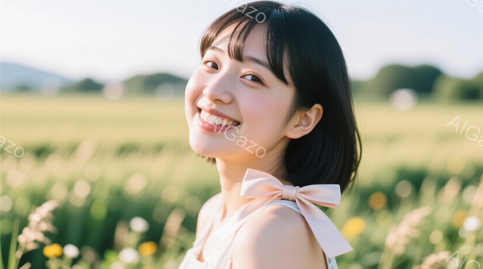 明るい日差しの下、若い女性が花畑で微笑んでいます。彼女は白いストラップのトップスを着ており、後ろでリボンが結ばれています。背景には緑豊かな草地とぼやけた山々が広がり、穏やかで優しい雰囲気を醸し出してい - AI生成フリー素材