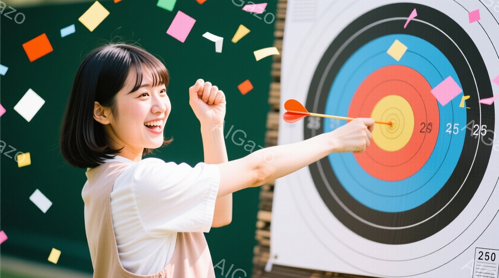 若い女性がダーツボードに向かってダーツを投げている様子が写っています。彼女はベージュ色のシャツを着ており、短い黒髪で、満面の笑みを浮かべています。背景には、カラフルな紙吹雪が舞い、緑色の背景が広がって - AI生成フリー素材