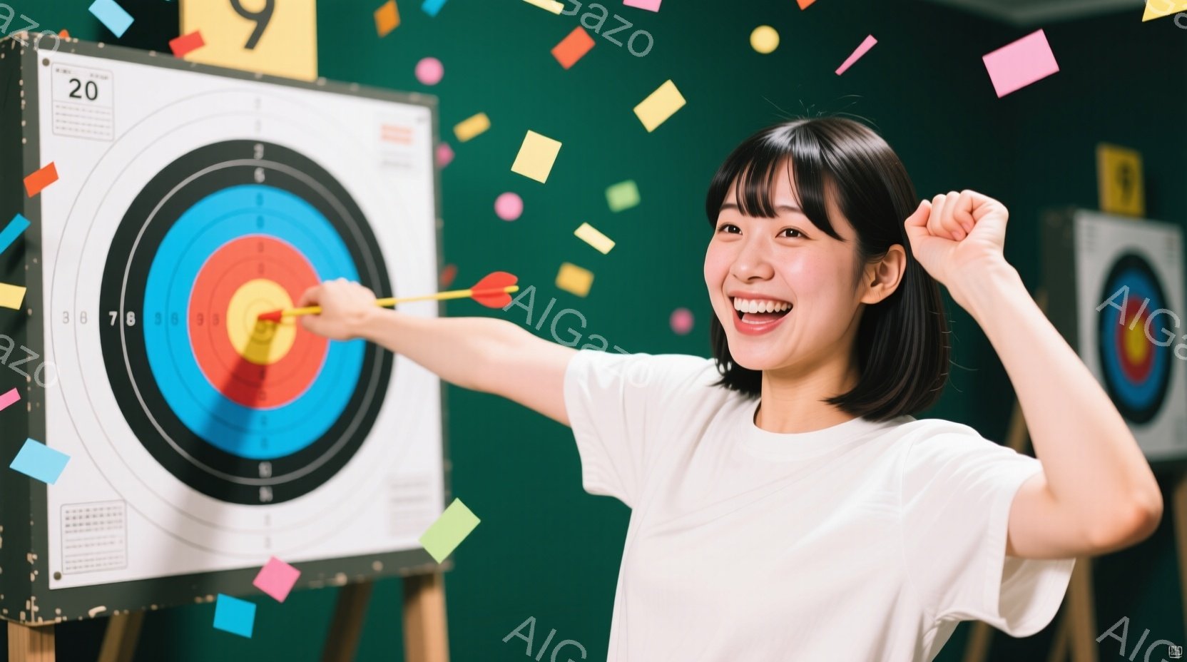 若い女性がダーツボードに向かってダーツを投げている姿が写っています。彼女は白いTシャツを着ており、前髪を下ろした短い髪型で、満面の笑みを浮かべています。背景には緑色の壁と他のダーツボードがあり、紙吹雪 - AI生成フリー素材