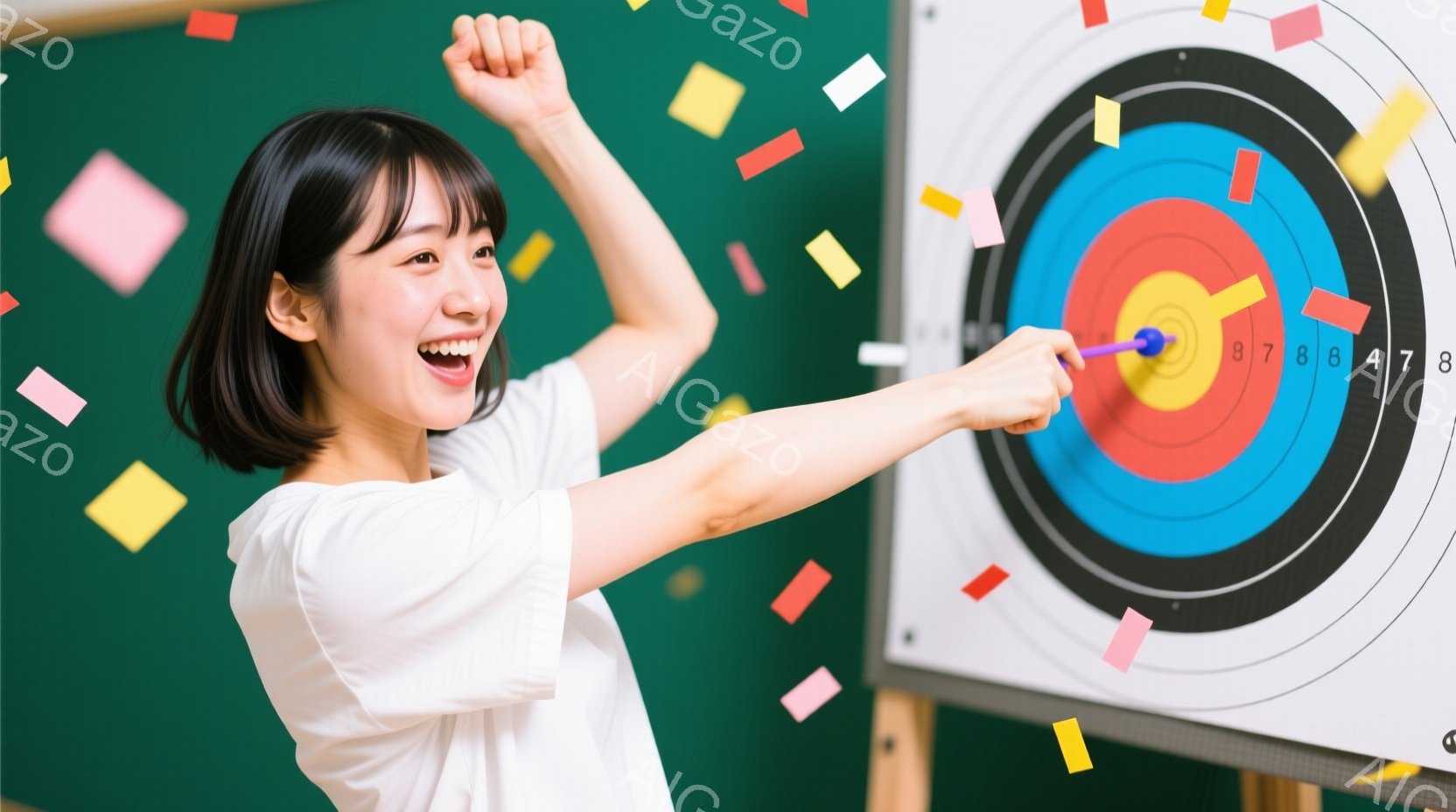 若い女性がダーツボードに向かって投げている姿が写っています。彼女は白いTシャツを着ており、短い黒髪で、顔には喜びの表情が浮かんでいます。背景は緑色で、カラフルな紙吹雪が舞っており、勝利や成功を祝うような陽気な雰囲気が漂っています。