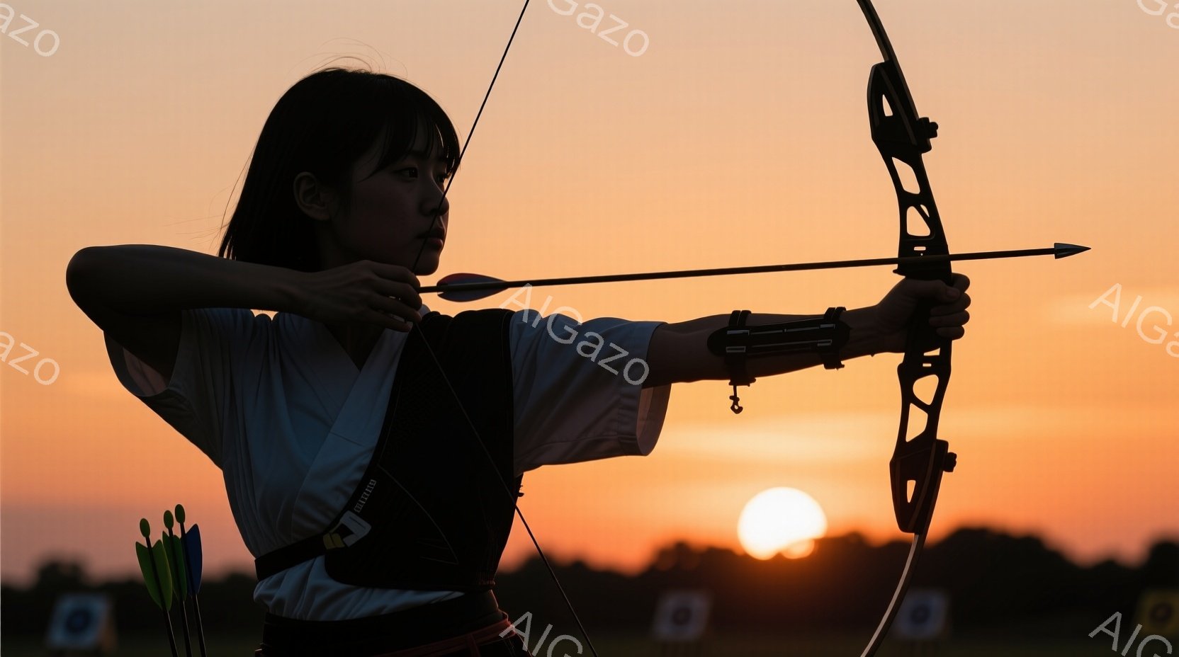 アーチェリーをする女性がシルエットで描かれています。彼女は短い黒髪で、白いシャツと黒いズボンを着用し、アーチェリー用のハーネスを身に着けています。背景は夕焼けの空で、オレンジ色の光が射程場を照らし、遠 - AI生成フリー素材
