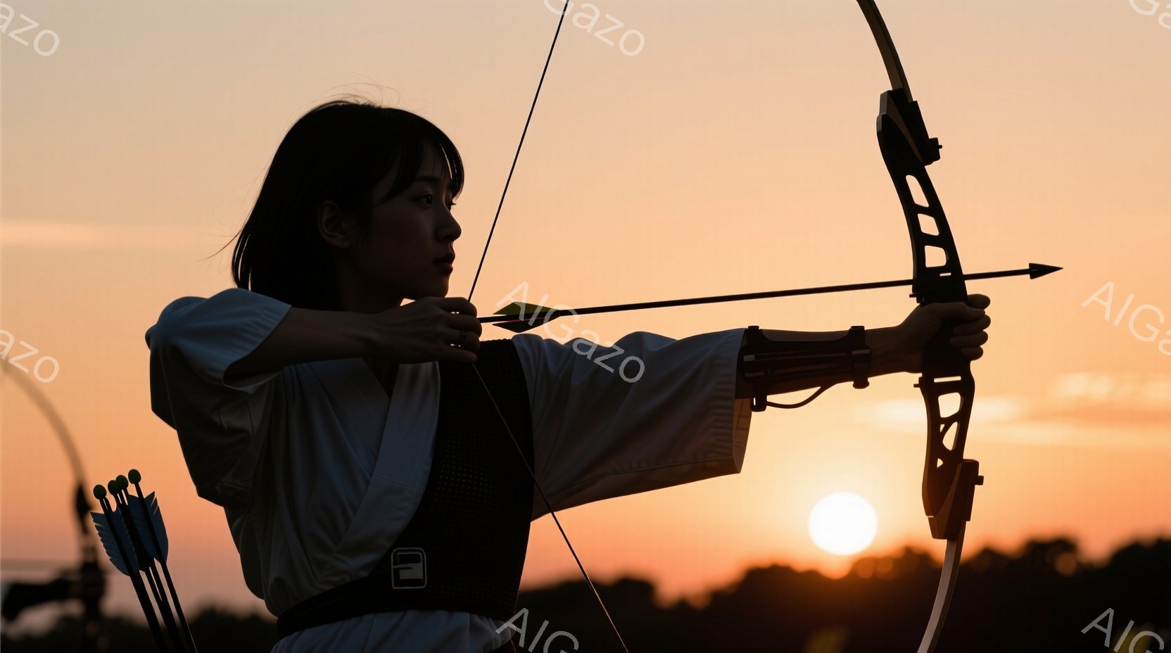 シルエットになった女性が弓を持ち、矢を構えている様子が描かれている。彼女は白いシャツと黒いベストを身に着け、髪は後ろでまとめられている。背景には沈みゆく夕日と草原が広がり、静寂で力強い雰囲気が漂ってい - AI生成フリー素材