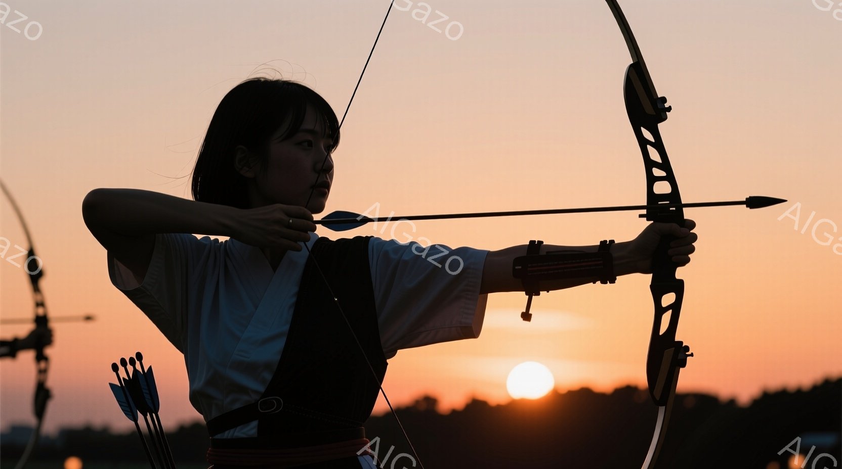 弓を構える女性のシルエットが印象的な画像です。白っぽい服装に黒いベストを着用し、髪は後ろで一つに結ばれています。背景には夕焼けが広がり、自然の中で弓道に励む姿が、静かで力強い雰囲気を醸し出しています。 - AI生成フリー素材