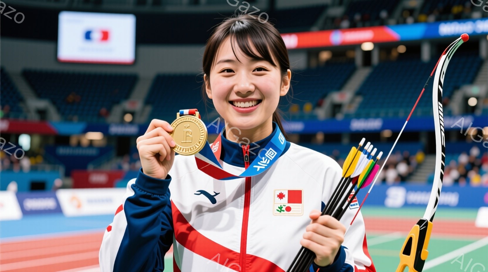 競技場で金メダルを首から下げ、笑顔を見せる女性アーチャーが写っている。白いスポーツウェアに赤いラインが入り、髪は後ろでハーフアップになっている。背景には観客席とアーチェリー競技場が広がり、明るく活気の - AI生成フリー素材
