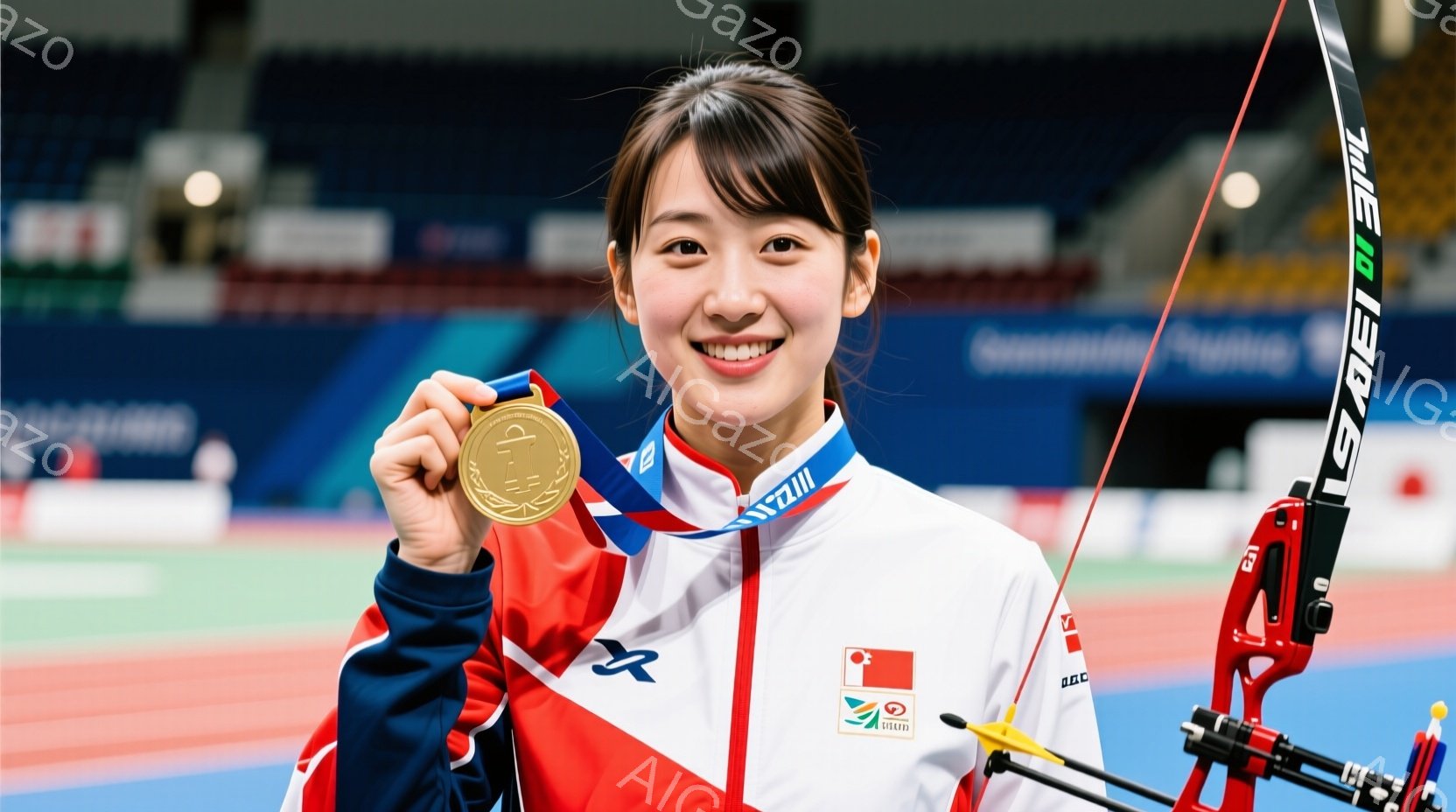 競技場で笑顔の女性アーチェリー選手が金メダルを手にしている様子が写っている。赤、白、青のトリコロールカラーのユニフォームに、髪は肩までの長さで内側にカールしている。背景には観客席が見え、競技場の床は鮮 - AI生成フリー素材