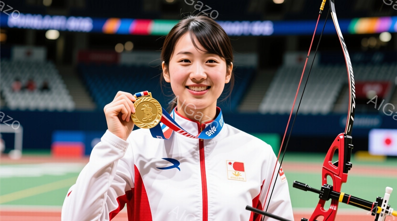 競技場で金メダルを首から下げ、笑顔を見せる若い女性アーチャーです。白いアーチェリーウェアに、日本の国旗マークが入っており、髪は後ろでポニーテールにまとめられています。背景には観客席が見え、競技場の照明 - AI生成フリー素材