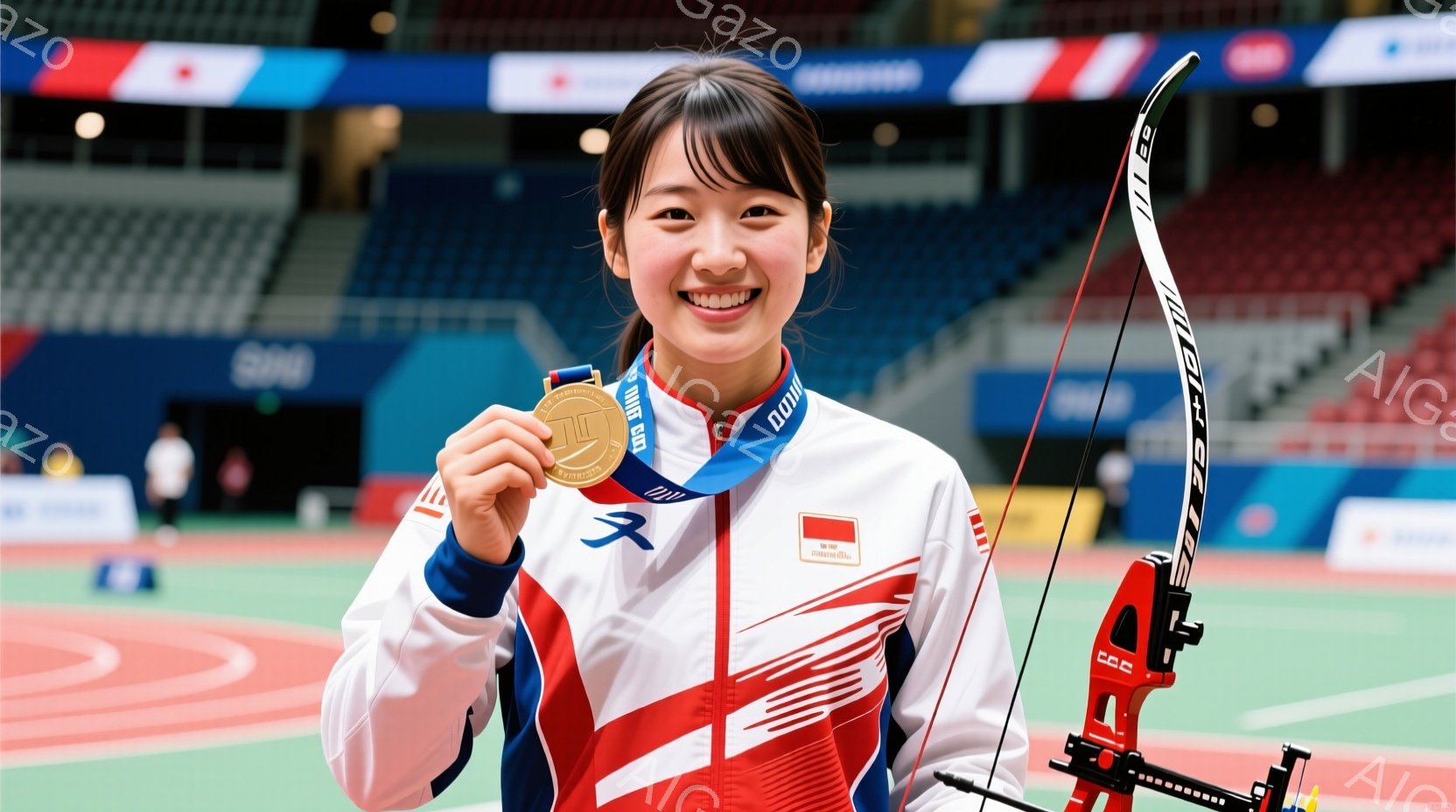 競技場で笑顔の女性アーチャーが写っている。彼女は赤いラインの入った白いアーチェリーウェアを着用し、髪は後ろでまとめている。金メダルを首から下げ、弓を構え、勝利を喜んでいる様子が伝わる。 - AI生成フリー素材