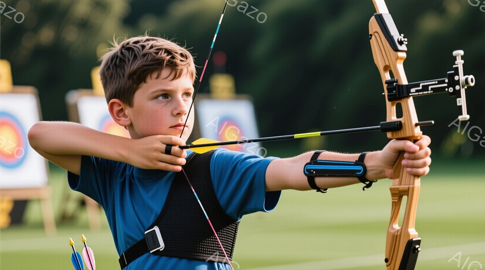 若い少年が弓を持ち、ターゲットに向かって射撃の準備をしている様子が写っています。少年は青いTシャツと黒のベストを着用し、髪は短く、集中した表情で正面を見据えています。背景には、ターゲットと緑豊かな自然が見え、晴れた日の屋外での活動を連想させます。