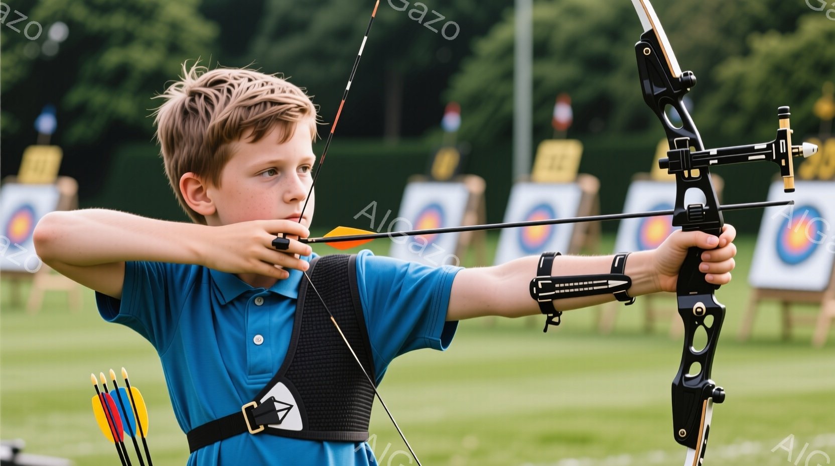 青いポロシャツを着た少年が弓を持ち、射撃の姿勢をとっています。彼は緊張した表情で、目標に向かって集中している様子が伺えます。背景には緑の芝生と射撃のターゲットが並び、晴天の下、競技が行われている様子が - AI生成フリー素材