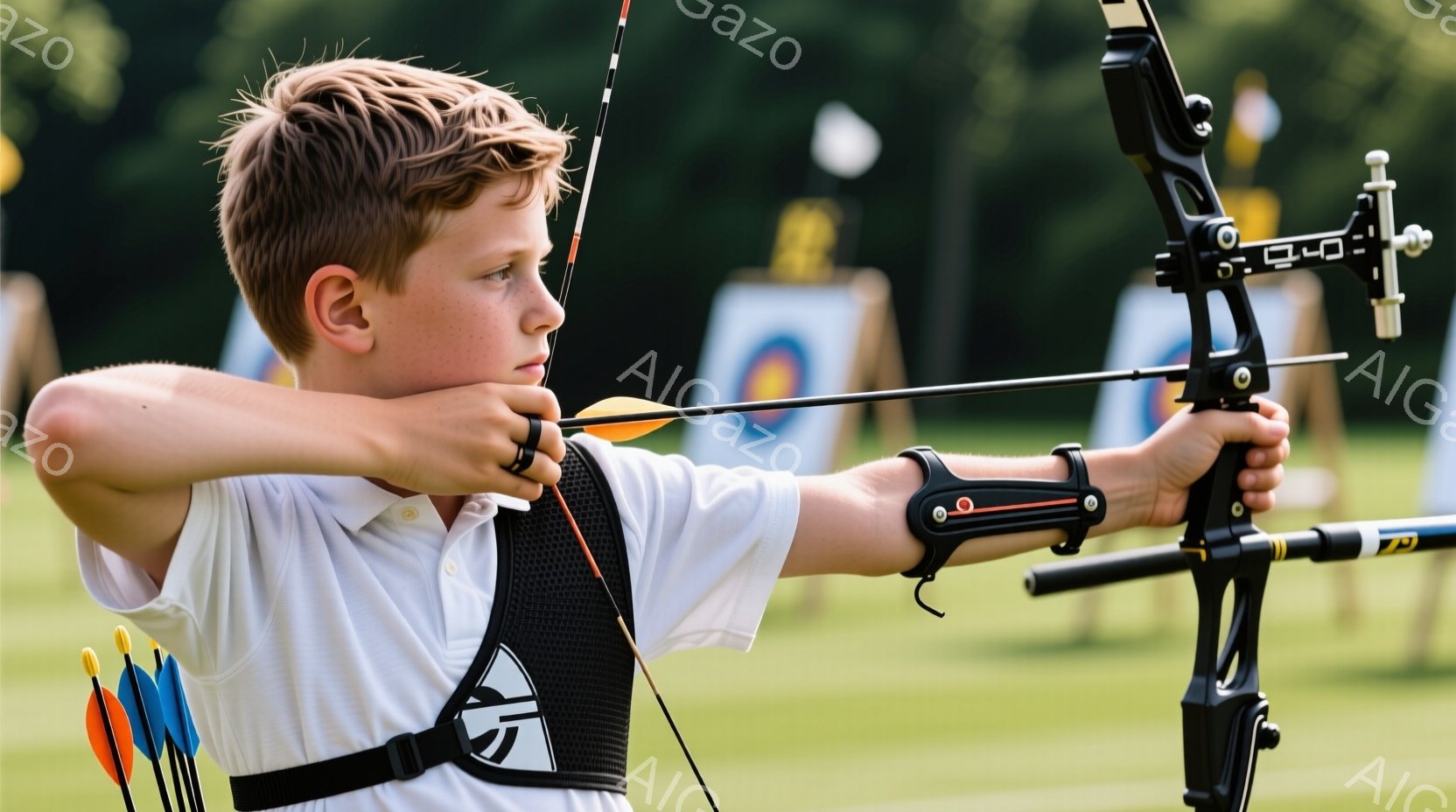 若い少年が弓道をしている様子が写っている。彼は白いシャツと黒のベストを着用し、金髪を短く切っている。背景には緑の芝生とターゲットがあり、晴天の下で競技を行っている雰囲気である。