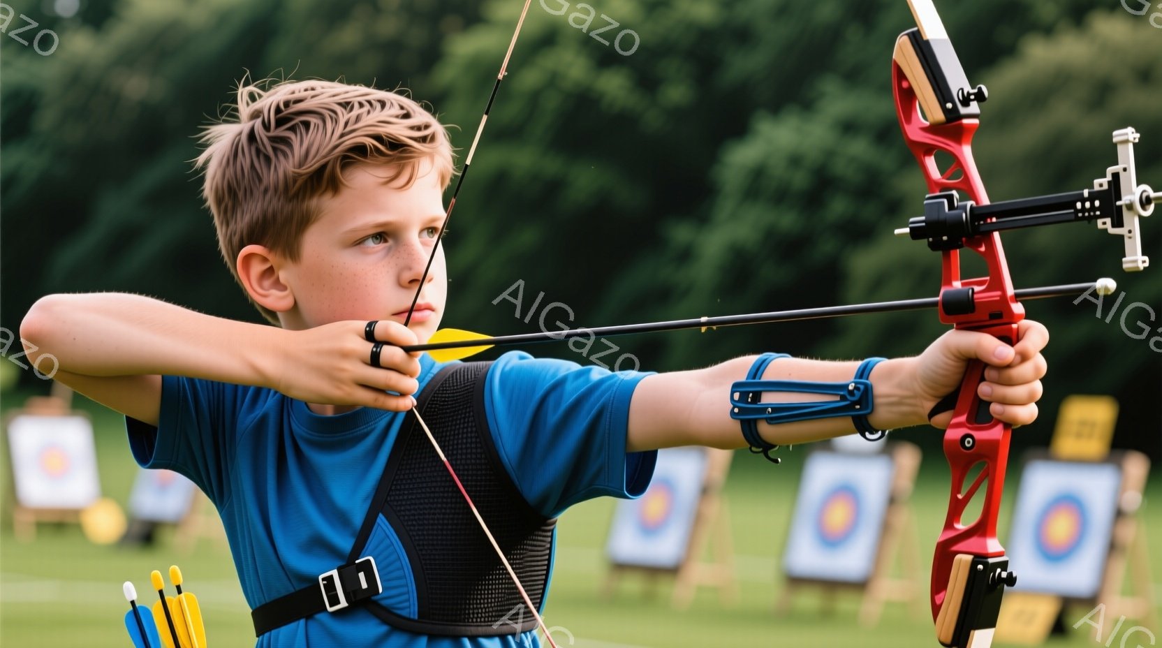 若い少年が青い半袖シャツと黒いハーネスを着用し、弓矢の競技に集中しています。彼は弓を構え、ターゲットに向かって集中した表情をしています。背景には緑の芝生と標的が並び、晴れた日の屋外での練習風景が伺えま - AI生成フリー素材