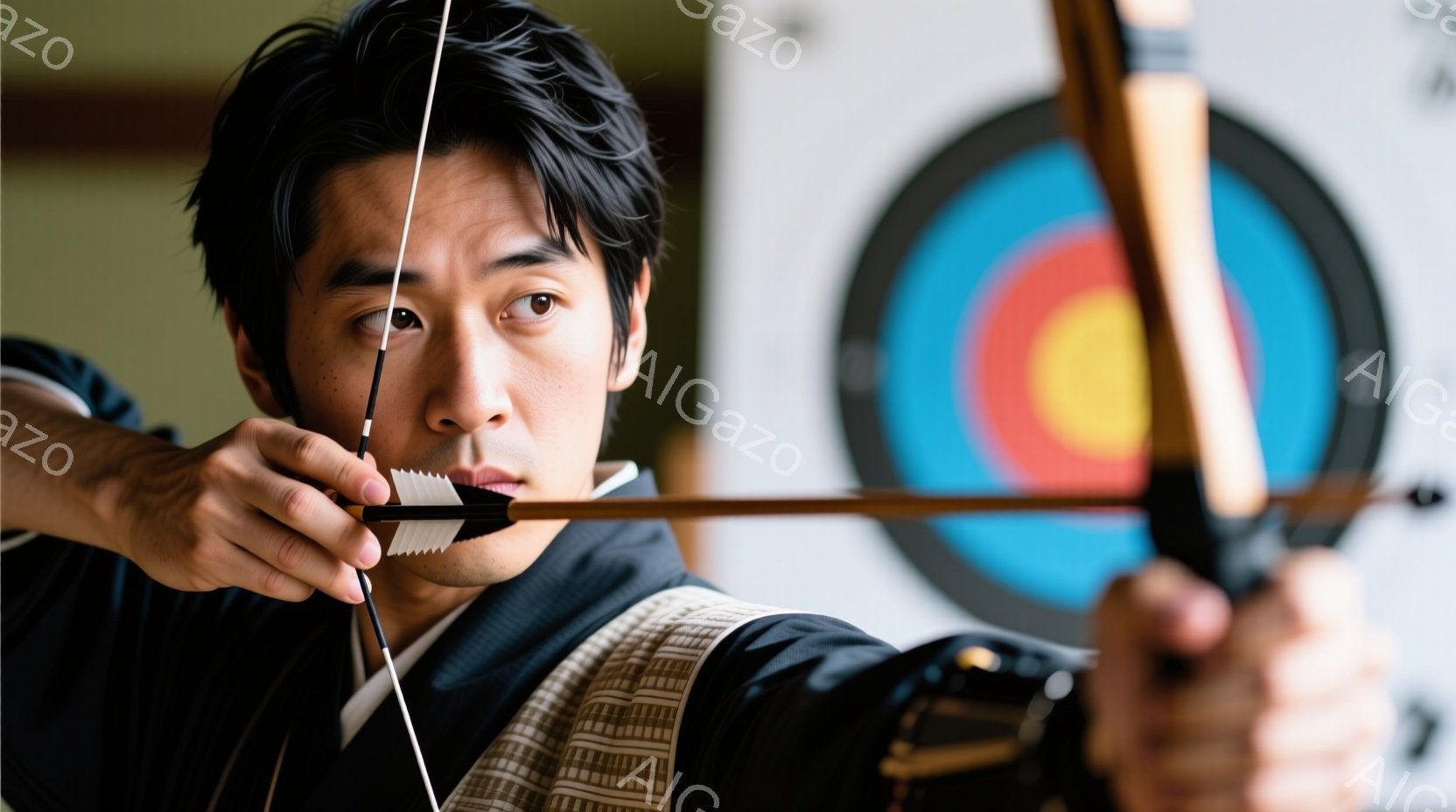 弓を構える男性が写っている。彼は濃い青色の着物と白とベージュの縞模様の帯を身につけ、黒髪を後ろに撫でつけている。背景にはターゲットが写り、彼は集中した表情で矢を放とうとしている。