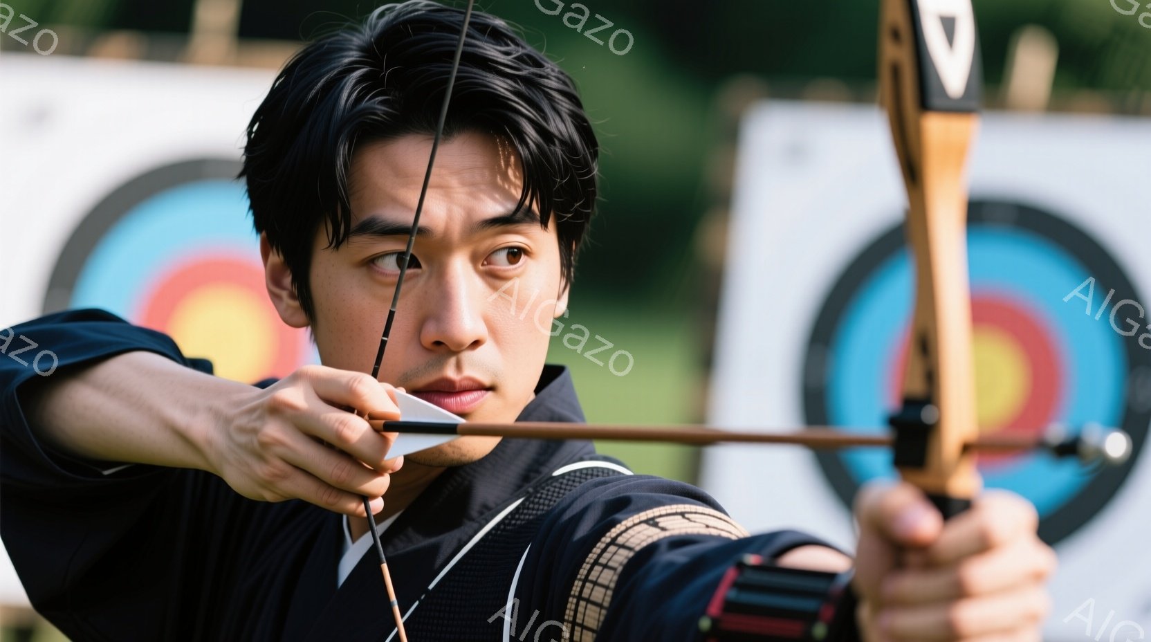 競技者が弓を引き、標的を見据えている姿が捉えられています。彼は濃い青色の和装を着用し、黒髪を短く整えています。背景にはターゲットと緑豊かな自然が広がり、集中した競技の雰囲気が漂っています。 - AI生成フリー素材