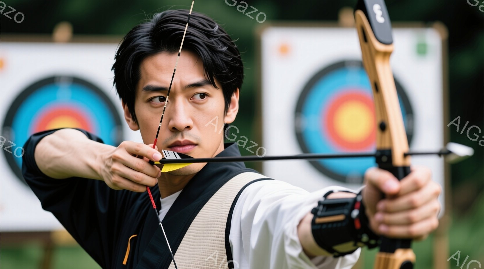 競技者が弓矢を構えている姿が写っている。黒いジャケットと白いアンダーシャツを着用し、髪は短く整えられている。背景にはターゲットが複数あり、緑豊かな自然の中で競技が行われていることがわかる。 - AI生成フリー素材