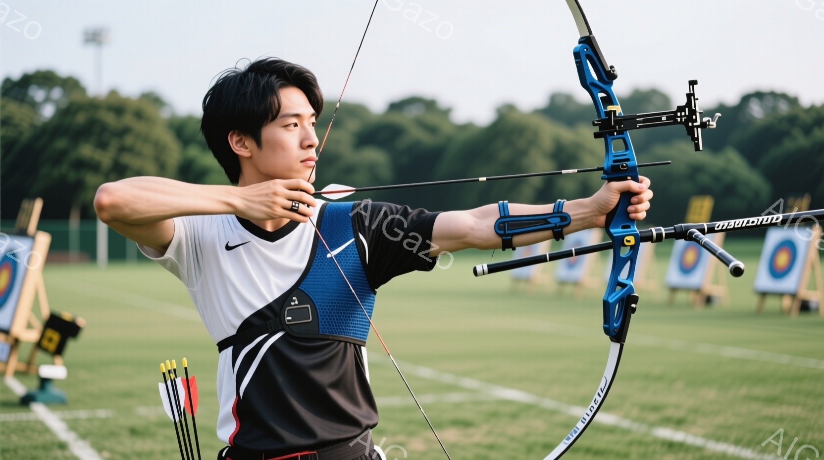 競技者が射撃の姿勢をとっており、集中した表情でターゲットを見据えている。白地に青のラインが入ったユニフォームと、髪を短く整えた姿が特徴的で、競技に真剣に取り組んでいる様子が伝わる。背景には緑豊かな自然 - AI生成フリー素材