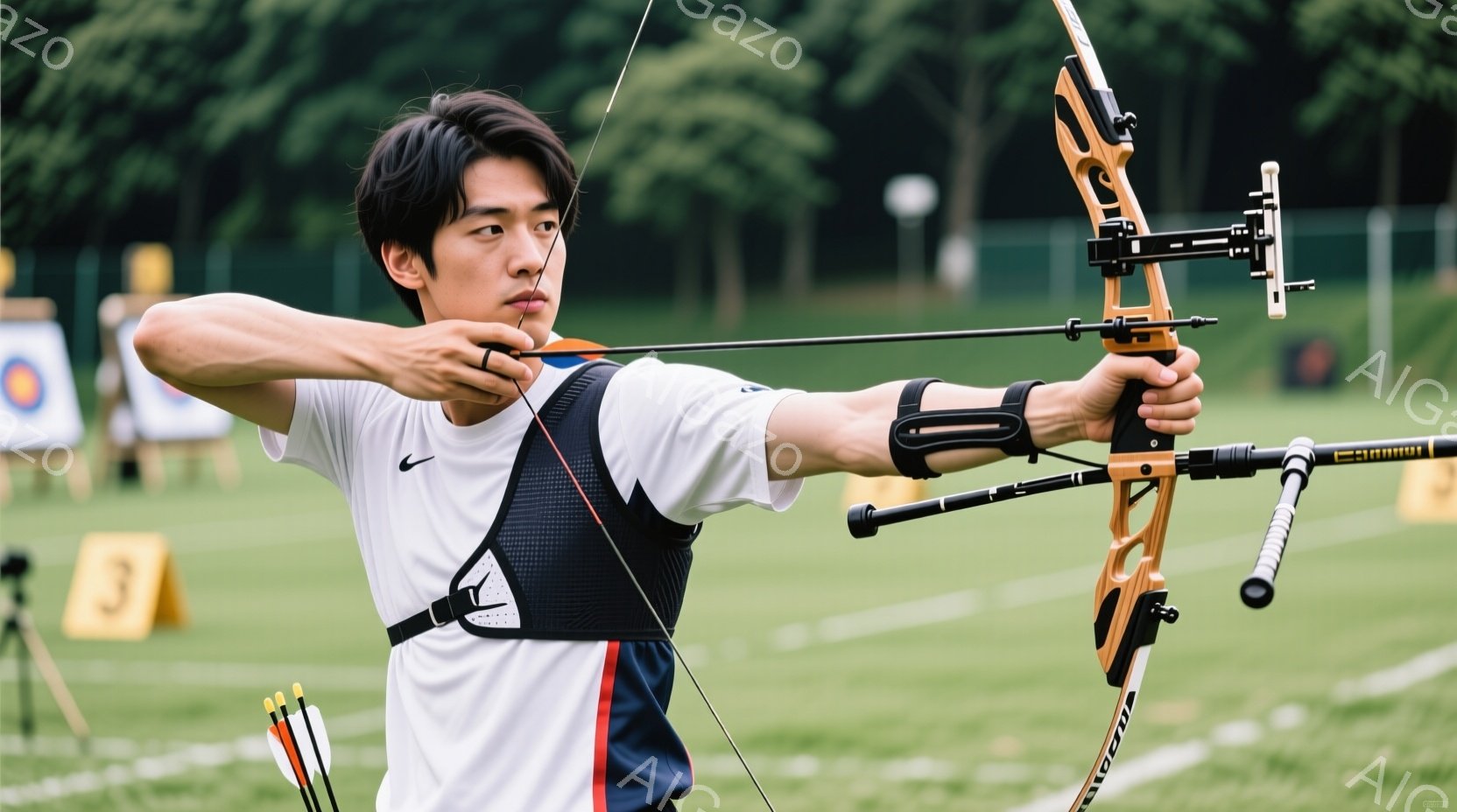 競技者が弓を構えている様子が写っている。白いポロシャツにハーネスを着用し、黒髪を後ろにまとめている。背景には緑の芝生と、ぼやけた建物や標識が見え、晴れた日の屋外競技の雰囲気である。