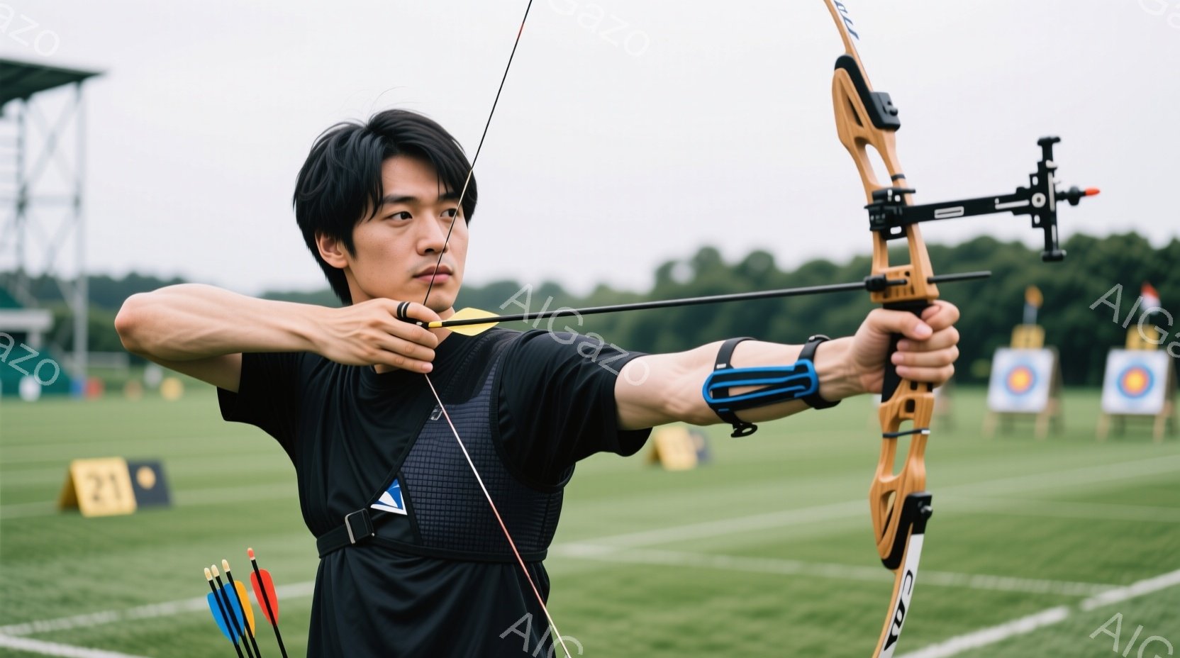 競技者は黒いアーチェリーウェアとハーネスを着用し、引き絞った弓で集中した表情を浮かべている。彼は右利きで、ターゲットに向けてまっすぐ姿勢を保ち、競技に真剣に取り組んでいる様子が伺える。背景には緑の芝生 - AI生成フリー素材