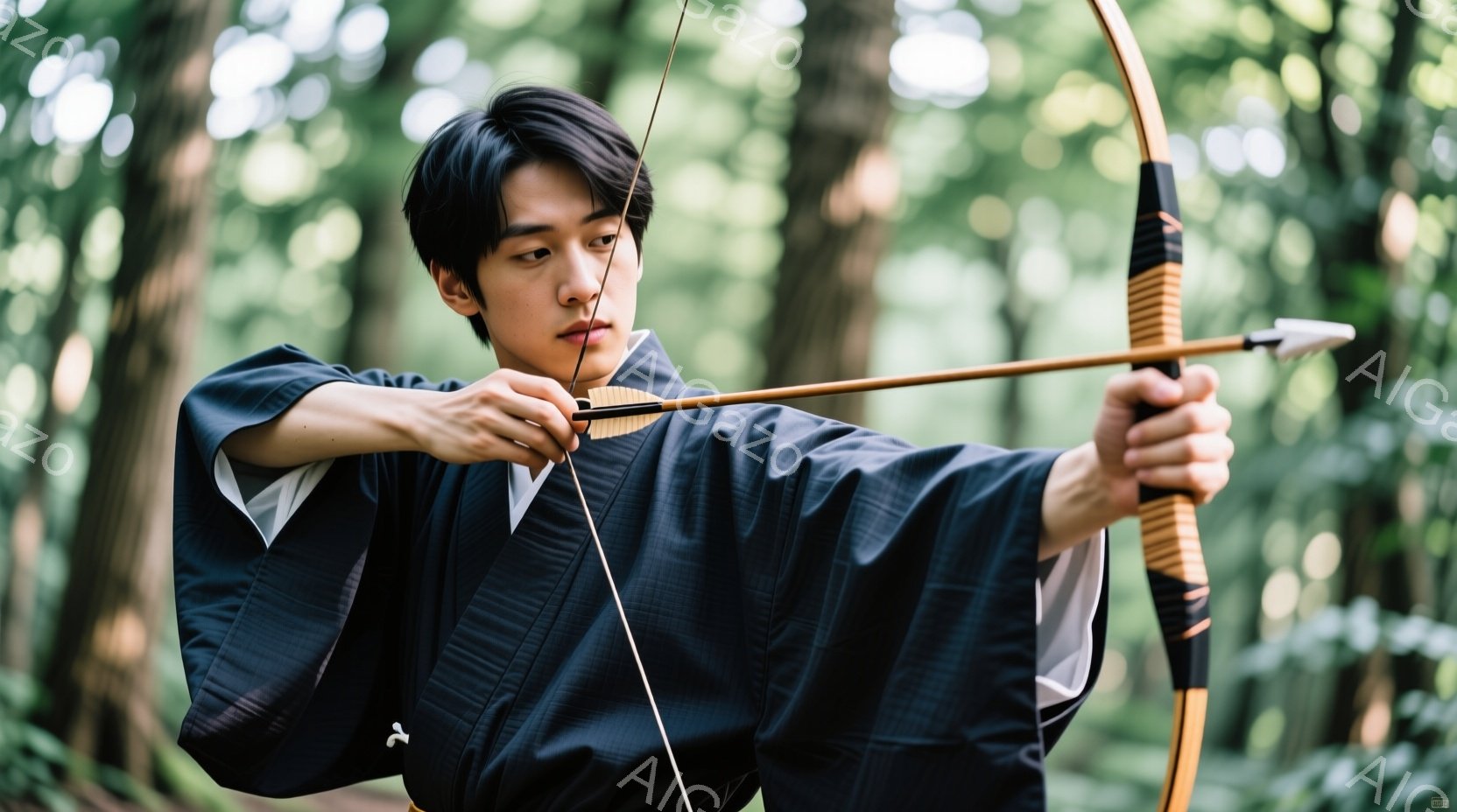 濃い藍色の着物を身につけた若い男性が、弓を構える姿が描かれている。彼の髪型は黒髪の短髪で、表情は真剣そのもので、集中して標的に向かっている様子が伝わる。背景は緑豊かな森で、木々の間から光が差し込み、静 - AI生成フリー素材