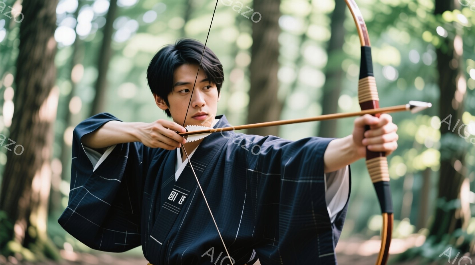 深い緑の森の中で、弓を持つ若い男性が描かれている。彼は濃い藍色の市松模様の着物を着ており、黒髪を後ろに撫で付けた整髪をしている。真剣な表情で弓を引き、構えをとっており、集中力と静寂が感じられる。