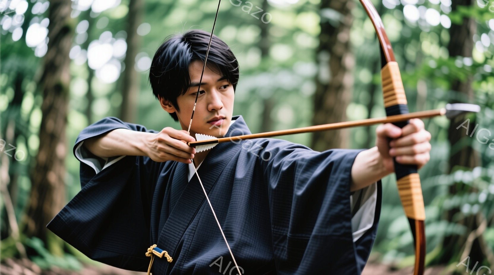 濃い藍色の着物を着た若い男性が、弓を構え、矢を引く準備をしている姿が捉えられています。彼の黒髪は短く整えられ、集中した表情で視線は標的を見据えています。背景は緑豊かな森林で、木々の間から光が差し込み、 - AI生成フリー素材
