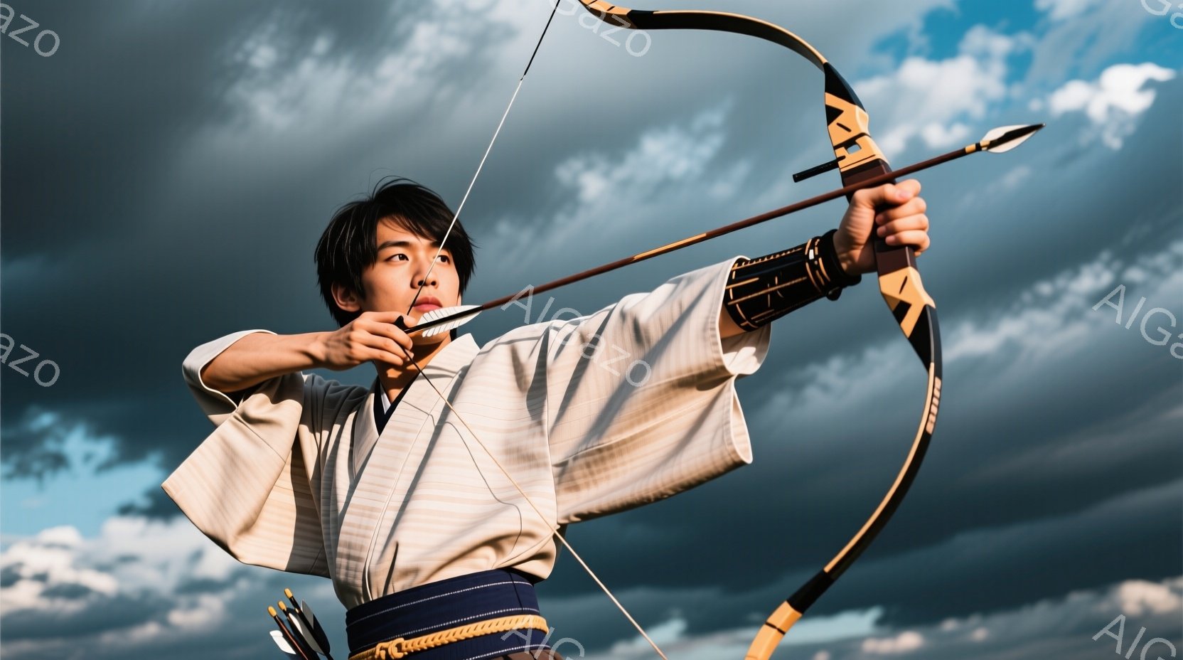白い着物と藍色の帯を身につけた若い男性が、弓を引き、矢を放とうとしている姿が捉えられています。彼の表情は真剣で集中しており、引き締まった筋肉からは、弓道の熟練度が伺えます。背景には、緑の草原と暗雲が広 - AI生成フリー素材