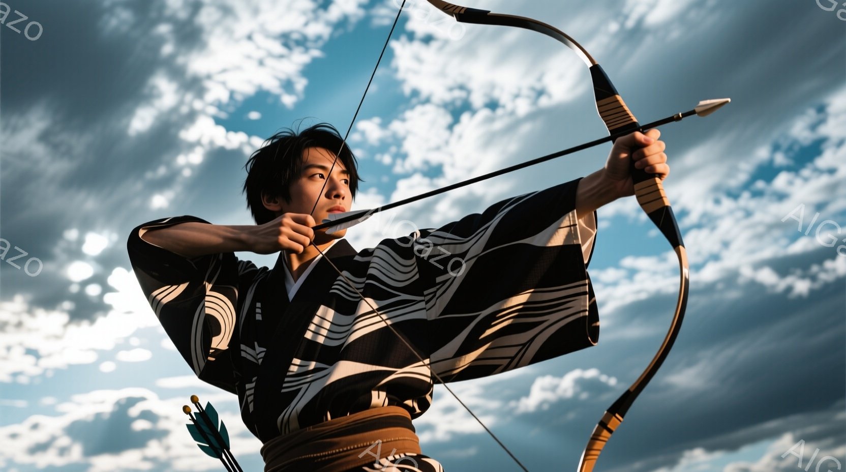 濃い縞模様の着物を着た男性が、弓を構えて空を見上げています。彼は黒髪で、やや真剣な表情をしており、腰には矢筒がついています。背景には青空と白い雲が広がり、凛とした空気感を醸し出しています。 - AI生成フリー素材
