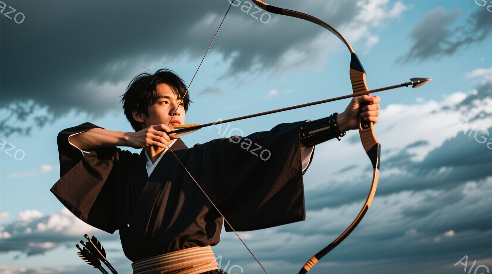 黒い着物を着た若い男性が、弓を構え、矢を放とうとしている姿が描かれている。彼は真剣な表情で、引き締まった筋肉と集中力を感じさせる。背景には、雲が多く、夕焼けのような光が差し込み、静かで力強い雰囲気を醸 - AI生成フリー素材