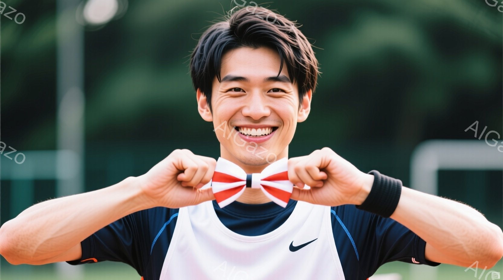 この男性は、紺色のスポーツウェアと白いシャツを着て、笑顔でカメラに向かっています。彼は両手で赤い模様の白いリボンを持って、顔の前に広げています。背景には緑の芝生と白いフェンスが見え、晴れた日の屋外で撮 - AI生成フリー素材