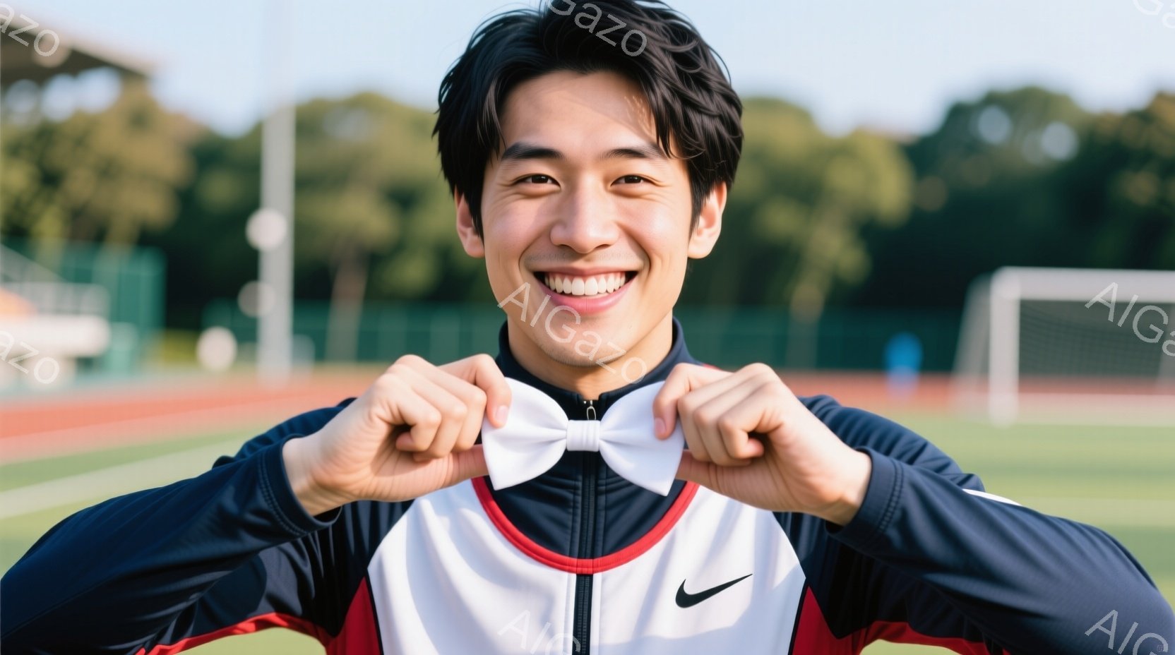 競技場のトラックを背景に、笑顔の若い男性が写っている。紺色と赤のトラックジャケットを着て、白い蝶ネクタイを手に持っており、嬉しそうな表情をしている。背景には緑豊かな木々が広がり、晴天の下で明るく活気の - AI生成フリー素材