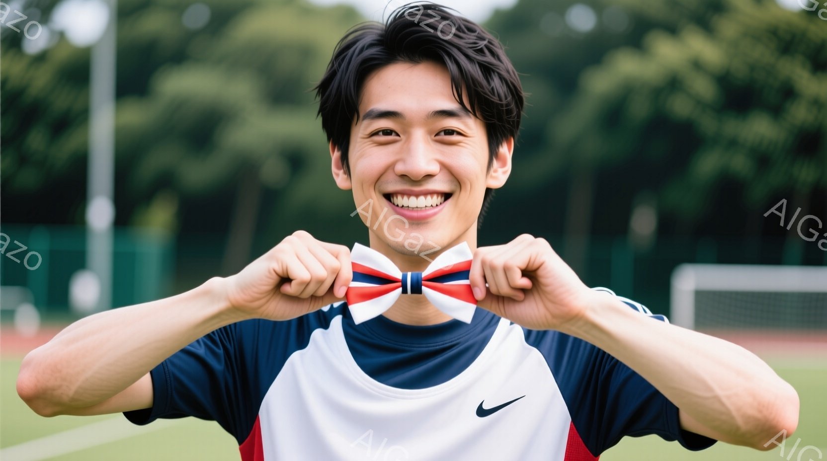 青年は、赤と青のストライプが入った白いシャツを着て、笑顔で両手でリボンを持っています。彼の髪型は黒髪で、少し無造作にセットされています。背景には緑の芝生と、ぼやけたフェンス、そして一部の建物が見え、晴 - AI生成フリー素材