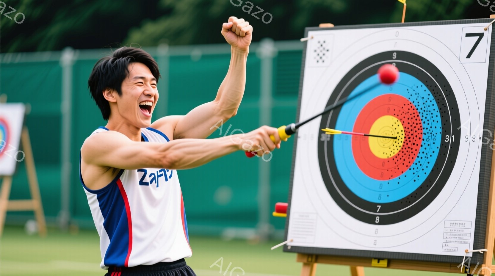 アーチェリー競技中の男性が写っている。彼は白いタンクトップに黒い短パン姿で、弓を引き絞り、目標に向かって矢を放とうとしている。背景にはターゲットと緑の芝生、そしてぼやけた木々が見え、晴天の下でのスポー - AI生成フリー素材