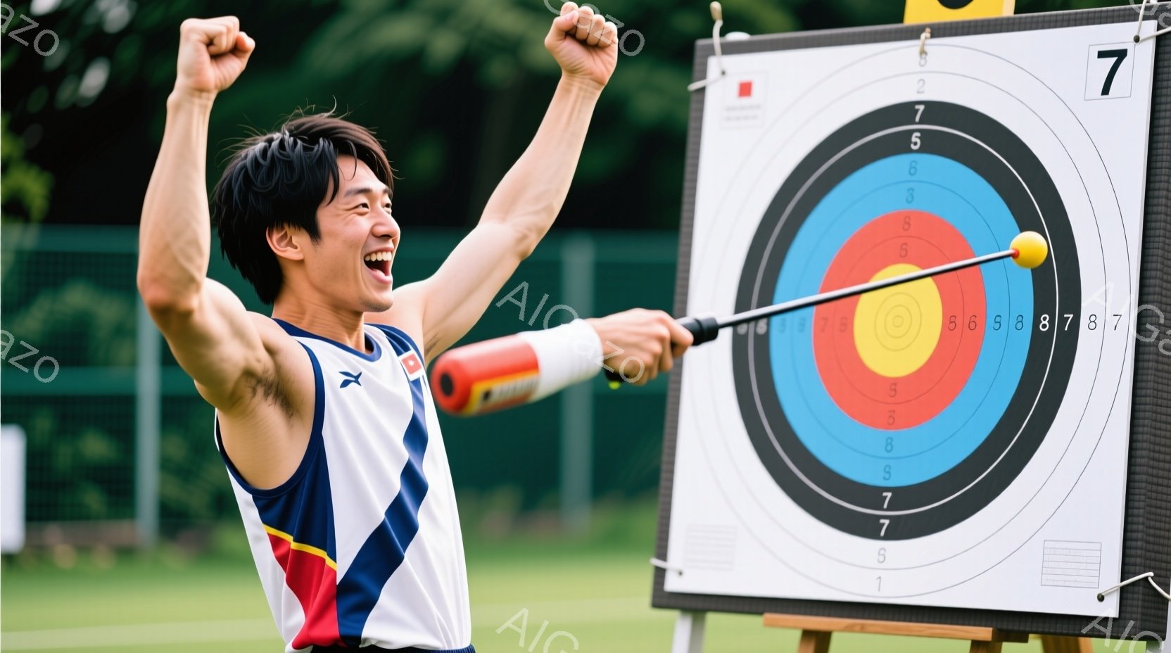 競技者がターゲットの前に立っており、弓を構え、矢を放った直後のようです。白地に青と赤のストライプが入った競技着を着ており、髪は短く、顔には勝利の笑顔が浮かんでいます。背景には緑の芝生とターゲットボード - AI生成フリー素材