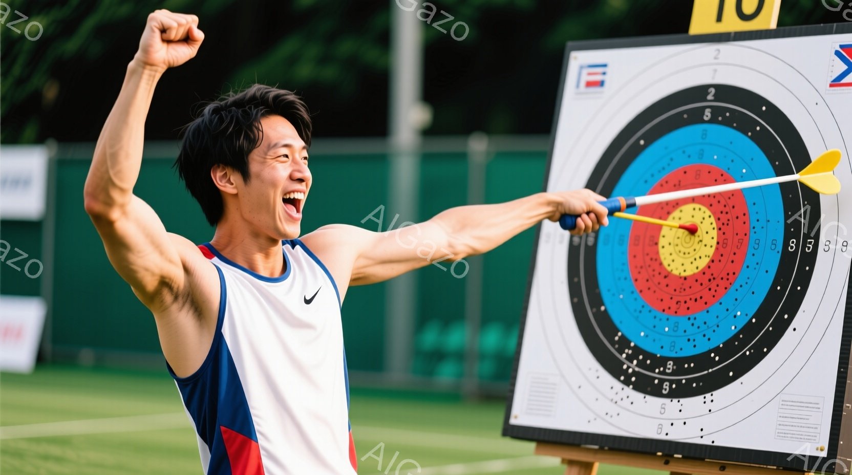 アーチェリー競技者が、ターゲットの中心近くに矢を射て喜びの表情を浮かべている。競技者は赤いトリムと青いストライプのある白いタンクトップを着ており、髪は短く整えられている。背景には緑の芝生とターゲットボ - AI生成フリー素材