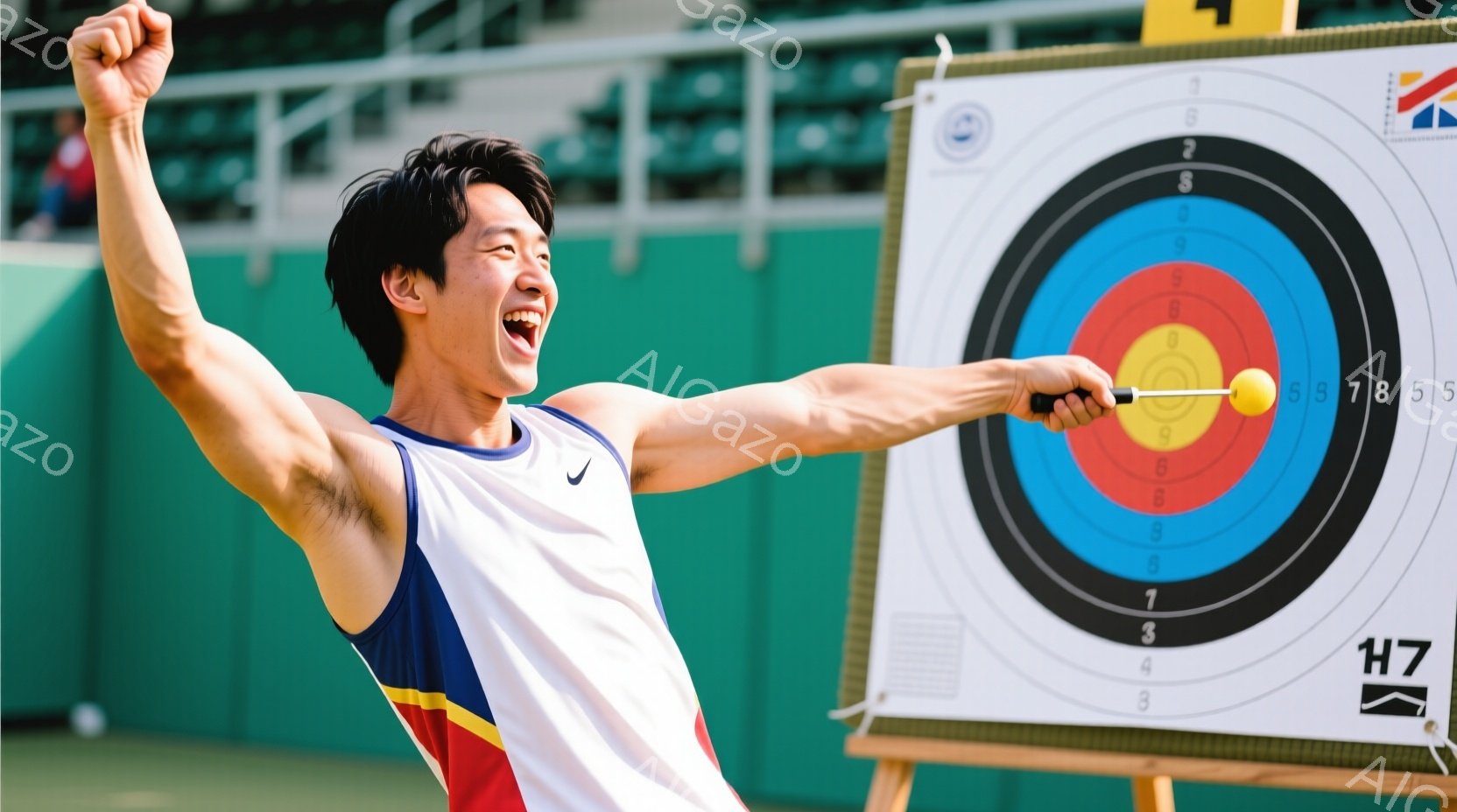 競技者は白いタンクトップと赤いトリム、青い肩紐のウェアを着ており、短髪で笑顔を見せています。彼は右手に矢をつがえ、ターゲットに向けて射撃姿勢をとっており、満面の笑みを浮かべています。背景にはターゲット - AI生成フリー素材
