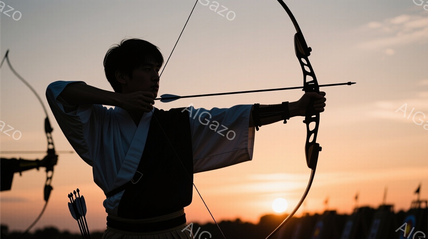 弓道家が夕焼けを背景に射撃の構えを取っている。彼は黒い道着に白い帯を締め、短髪で集中した表情を見せている。背景には他の弓道家と射場、そして燃えるように赤い夕日が広がり、静寂かつ力強い雰囲気を醸し出している。
