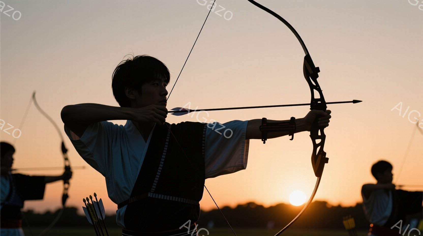 弓矢の練習をしている人物がシルエットで描かれています。彼は白いシャツに黒いベストを着用し、髪は短く、集中した表情で弓を引き絞っています。背景は夕焼けに染まり、他の弓使いもシルエットで見られ、静かで集中 - AI生成フリー素材